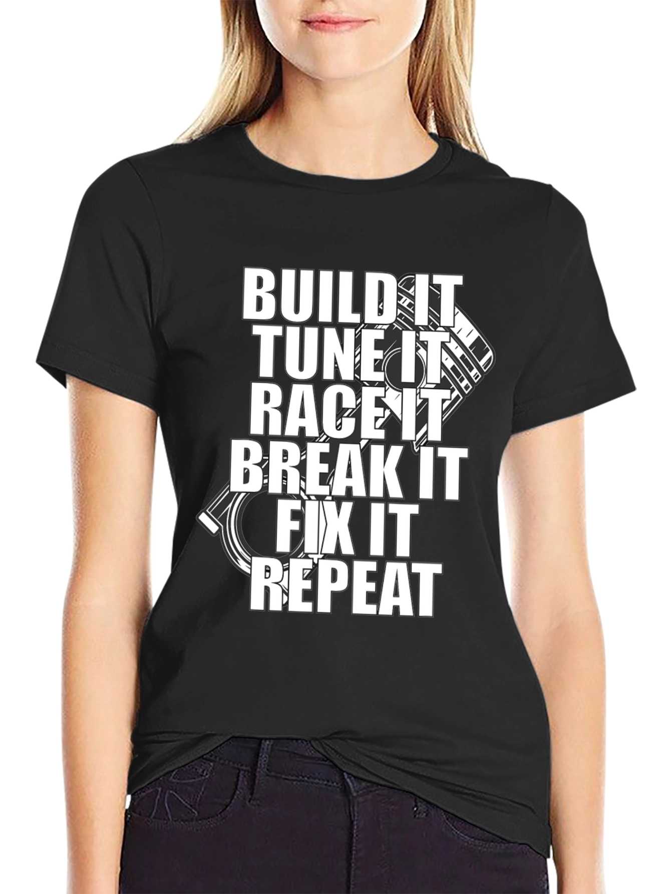 Black Build It, Tune It, Race It, Repeat Black T-Shirt view 2