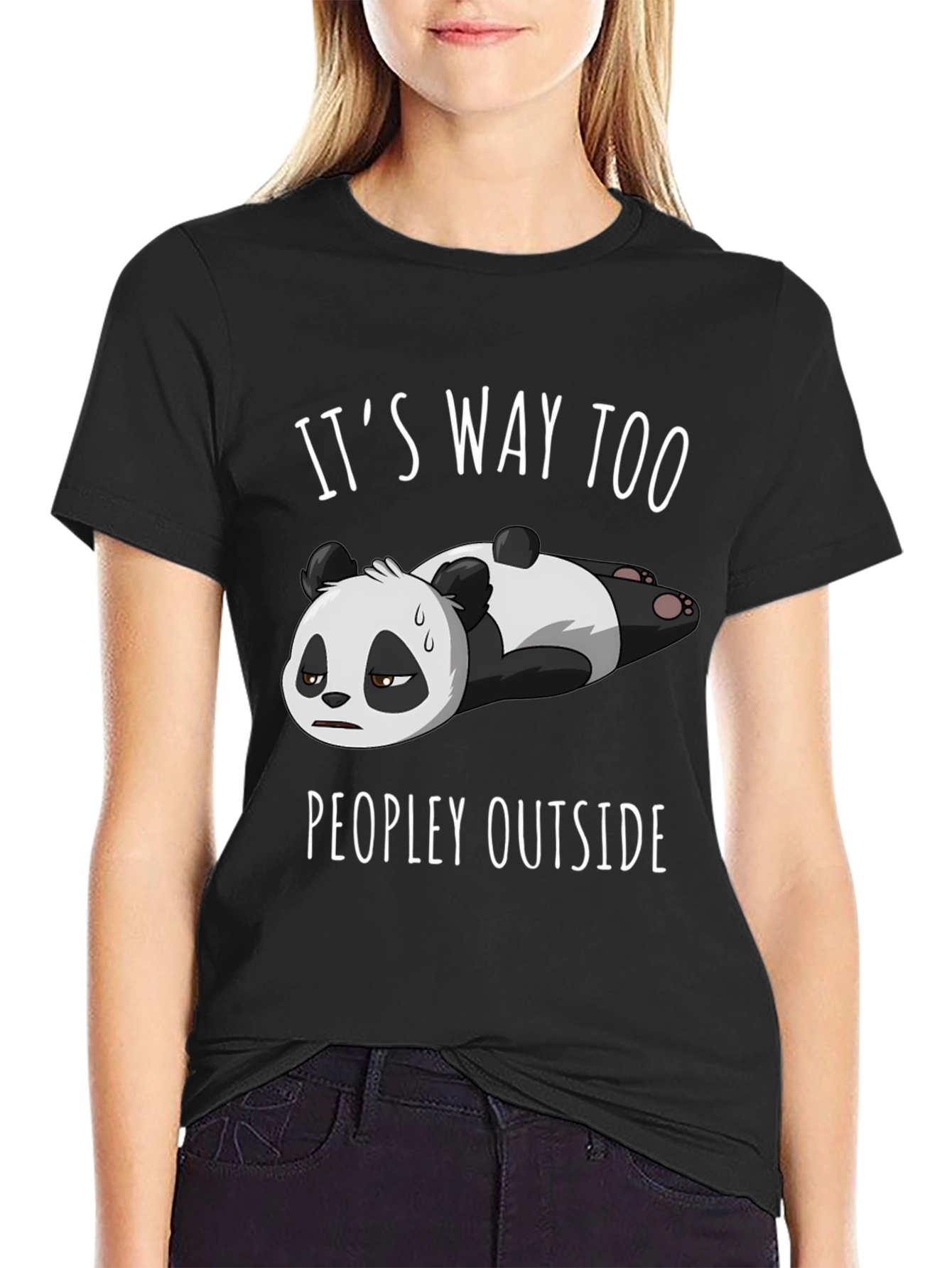 Black Funny Panda T-Shirt: "It's Way Too Peopley Outside" view 2