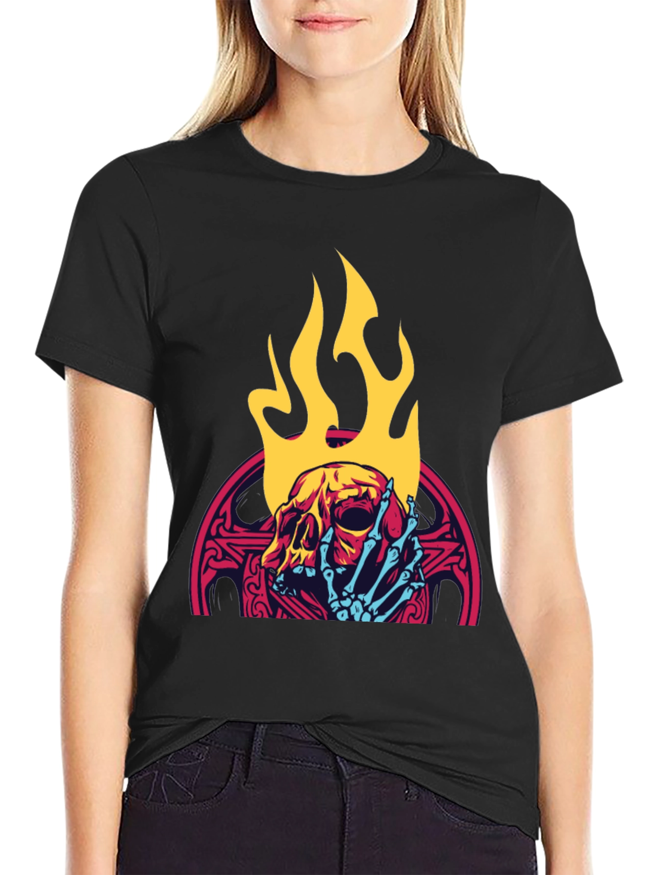 Black Skull & Flames Graphic Tee - Cool & Edgy view 2