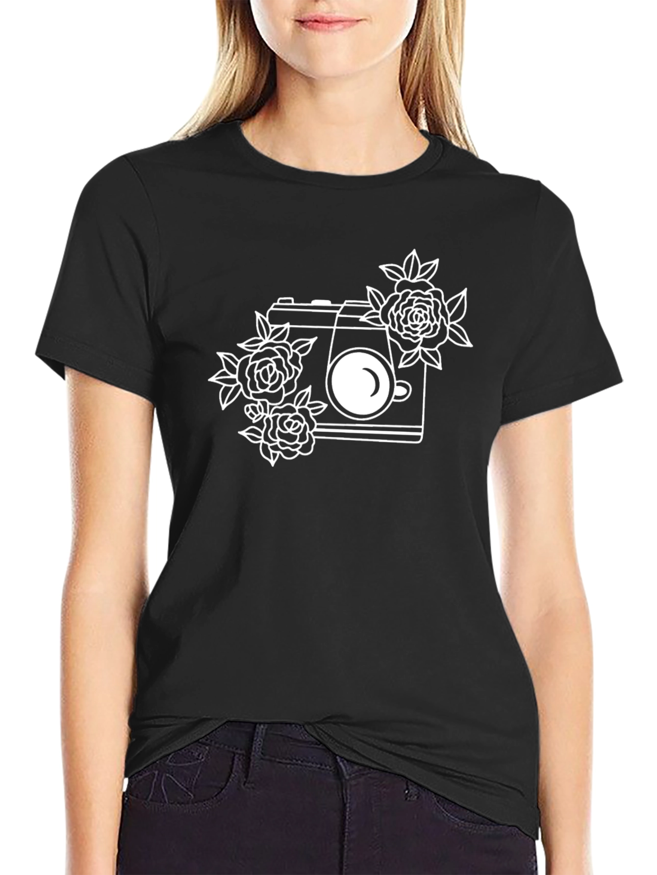 Black Floral Camera Graphic Tee - Stylish & Unique view 2