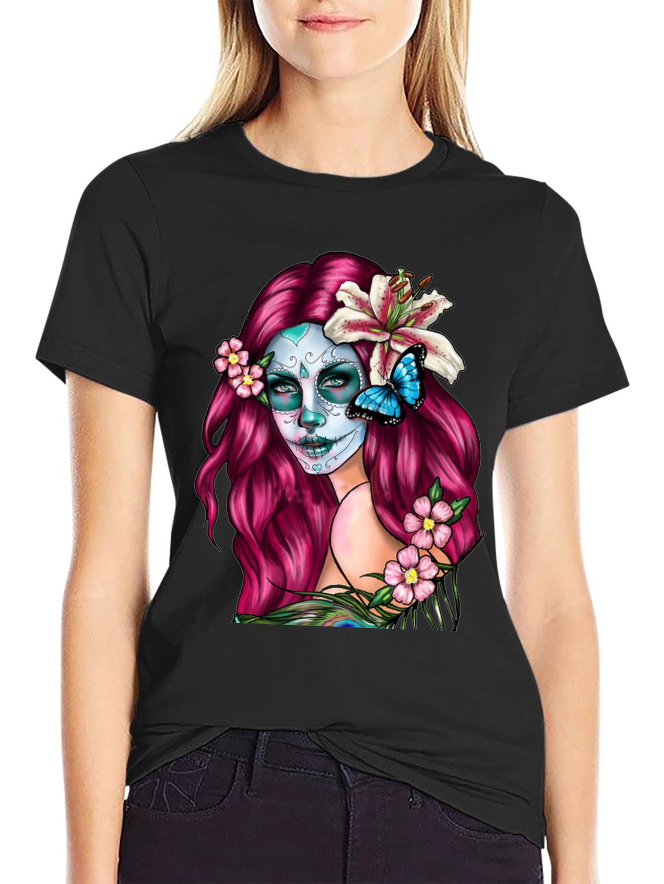 Black Sugar Skull Woman Graphic T-Shirt - Day of the Dead view 2