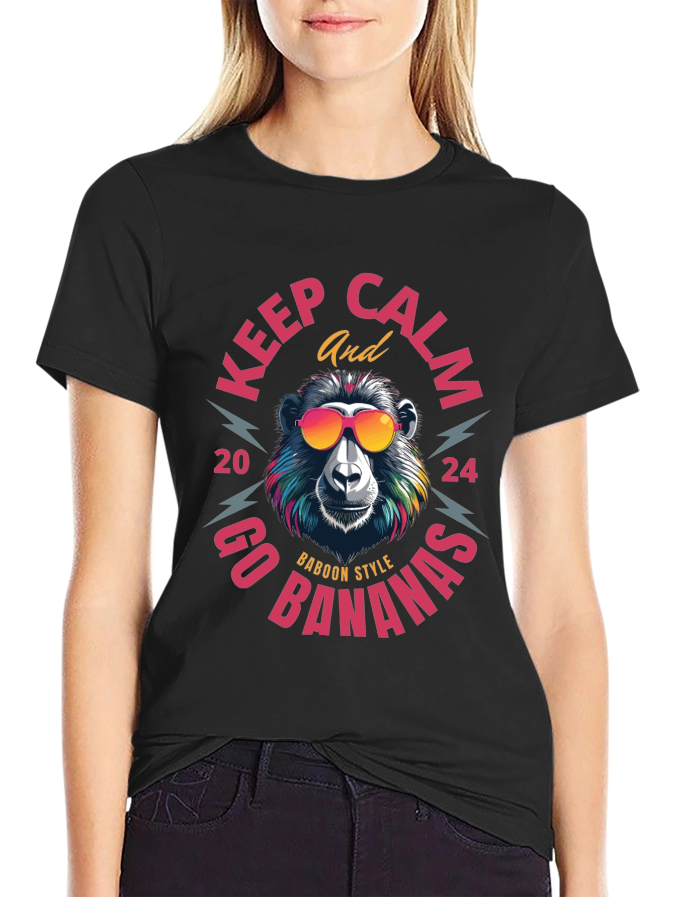 Black Keep Calm Baboon Style T-Shirt view 2
