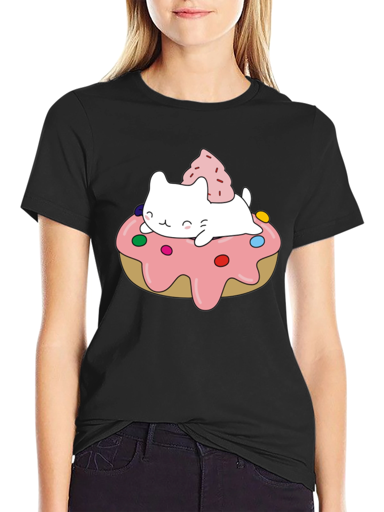 Black Cute Cat Donut T-Shirt - Sweet Style view 2