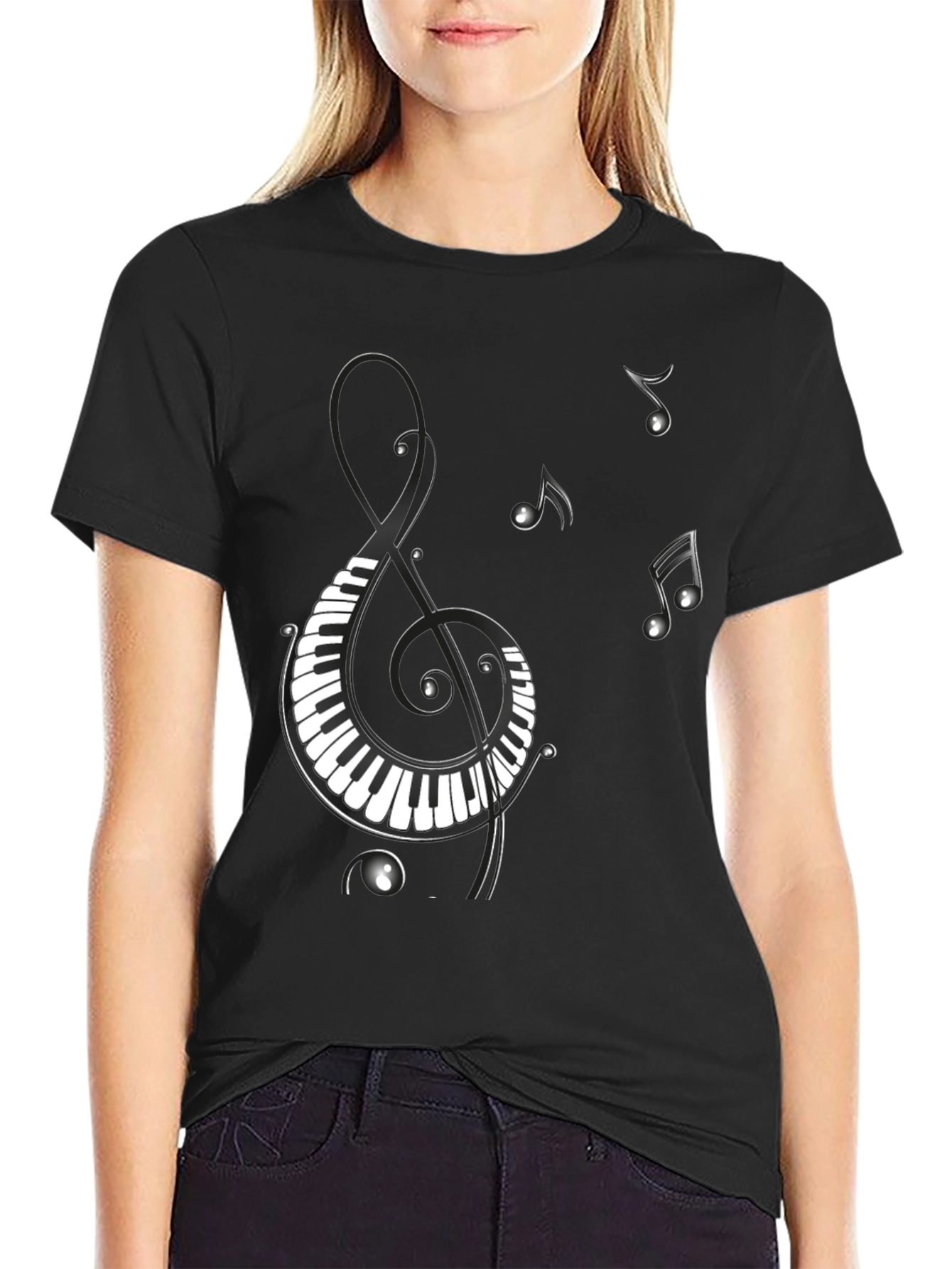 Black Musical Notes Piano Treble Clef Graphic T-Shirt view 2