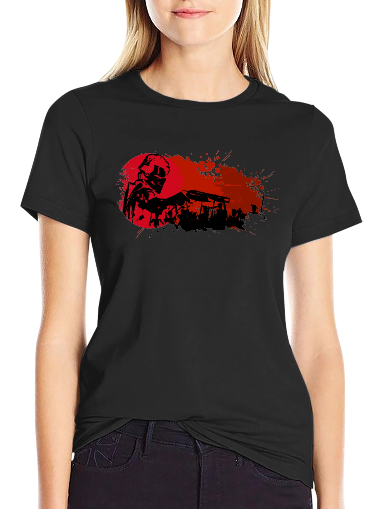 Black Graphic Print T-Shirt - Skull with Gun view 2