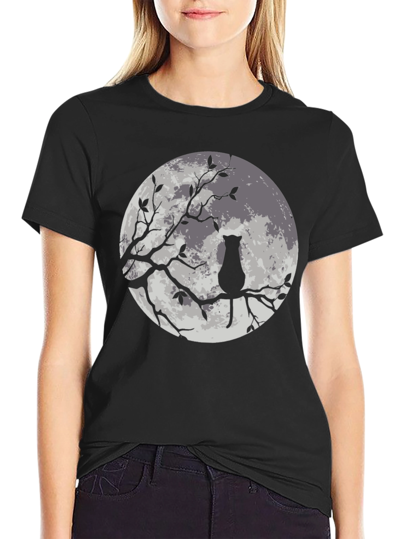 Black Moon Cat Graphic Tee - Stylish Black T-Shirt view 2