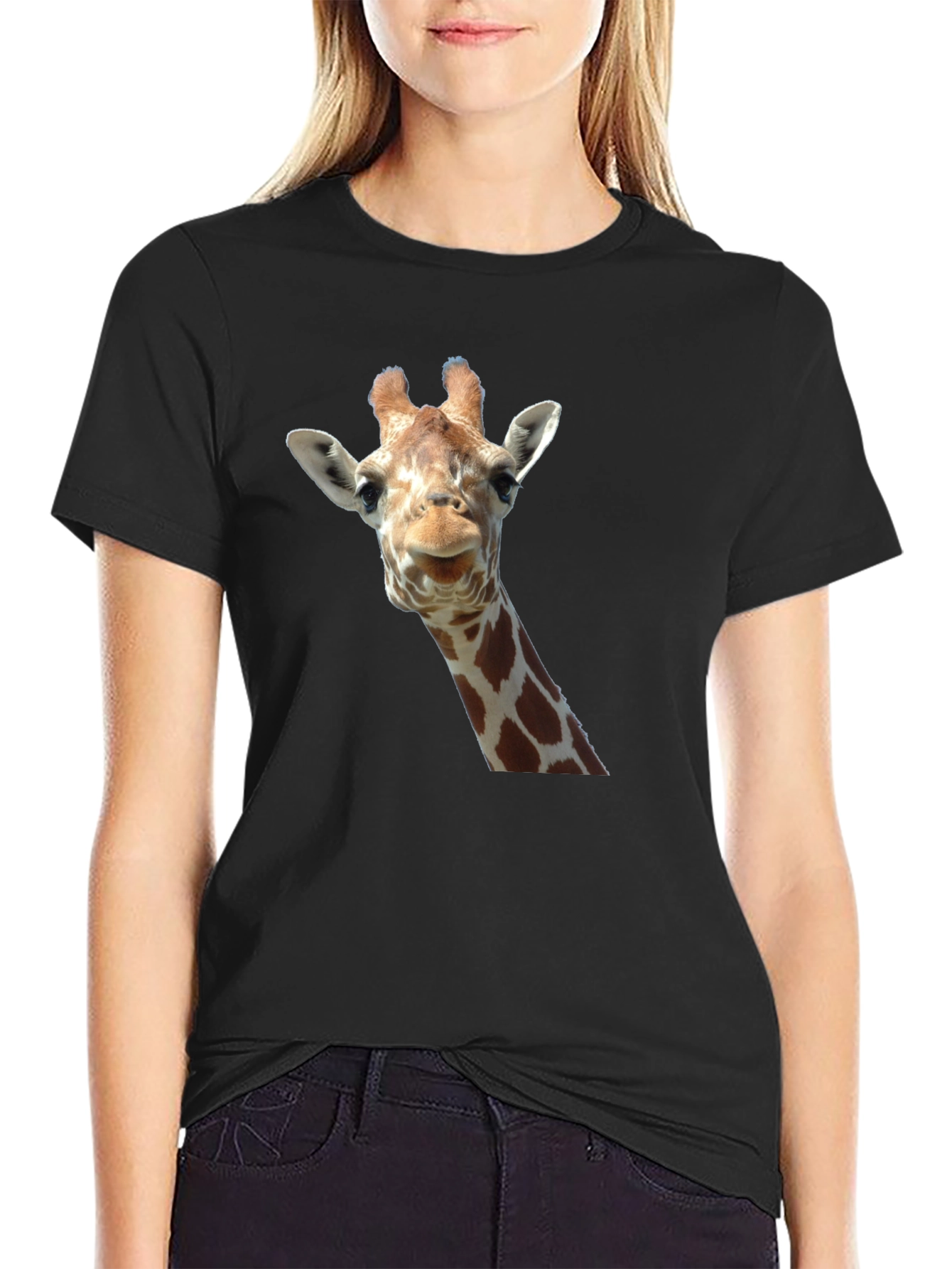 Black Giraffe Head Graphic Print Black T-Shirt view 2
