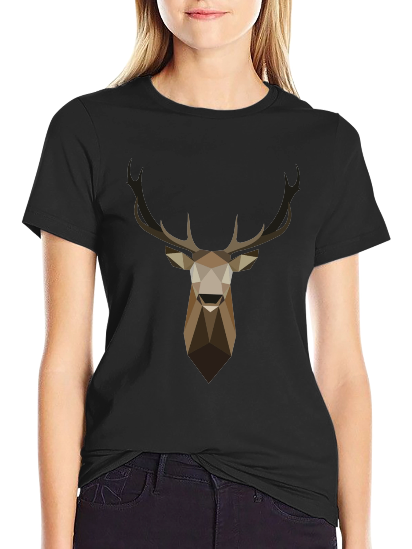 Black Geometric Deer Head Graphic T-Shirt - Black view 2
