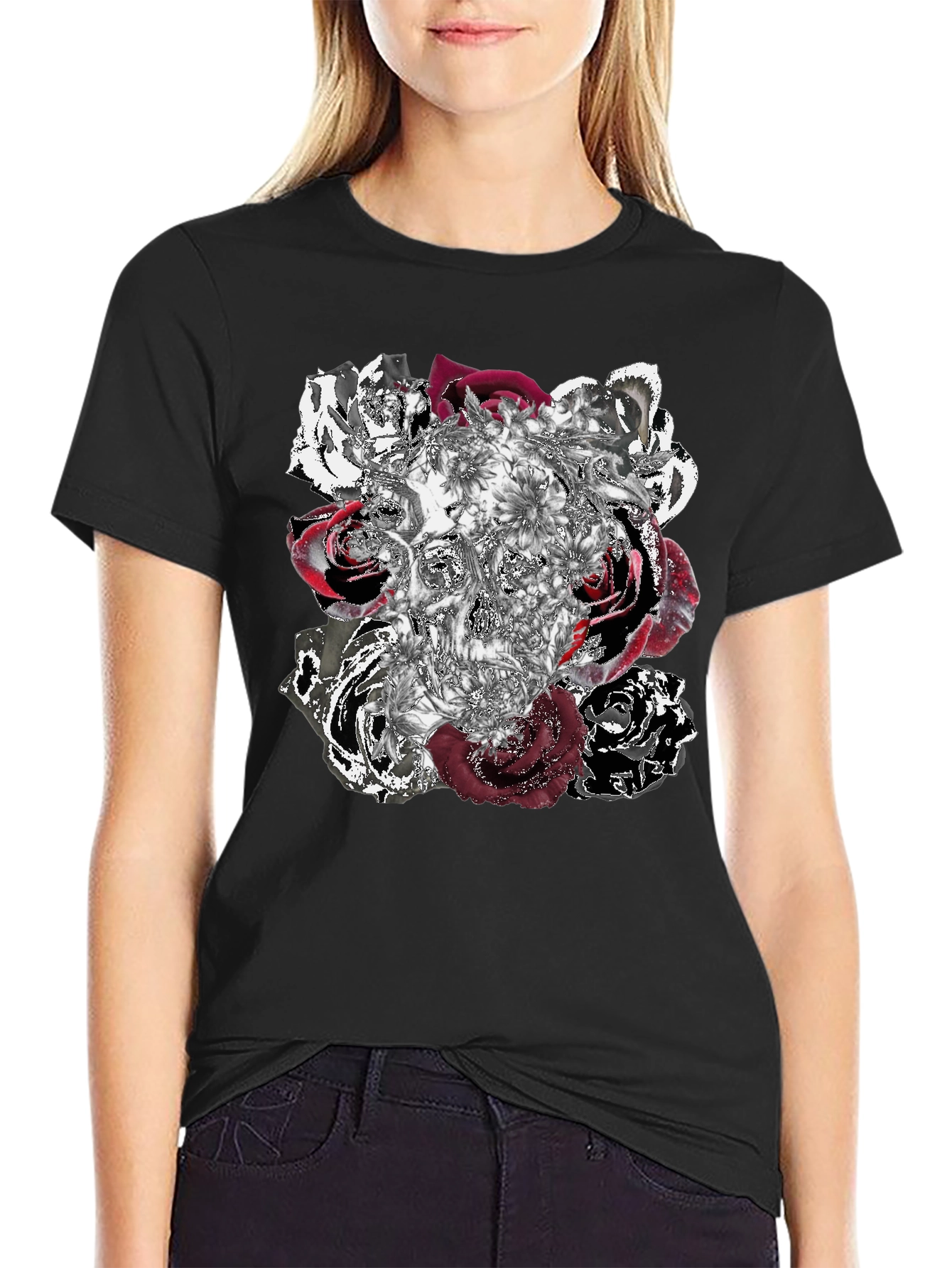 Black Skull Roses Graphic Tee - Unique Design view 2