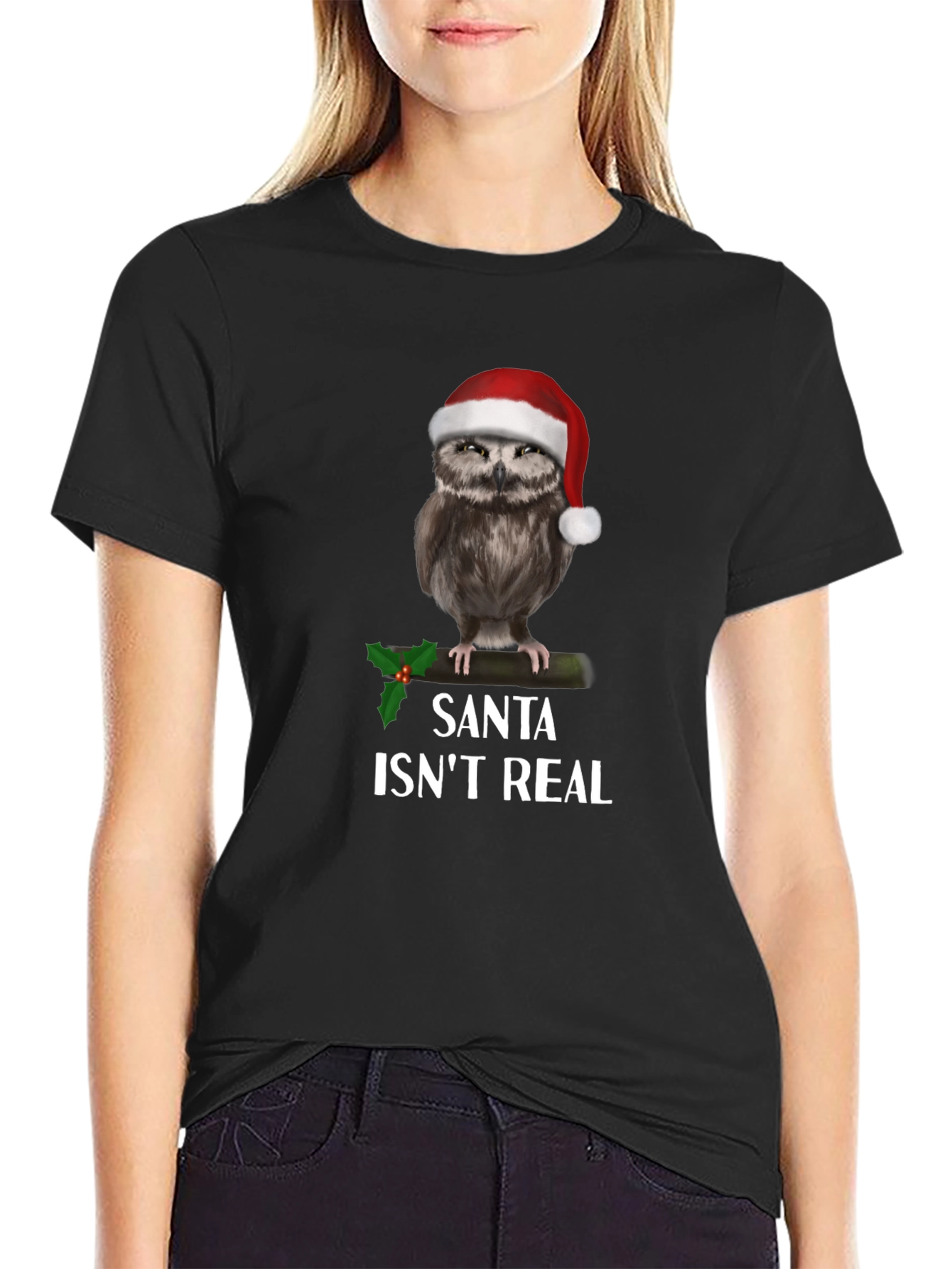 Black Santa Isn't Real Owl Christmas T-Shirt view 2