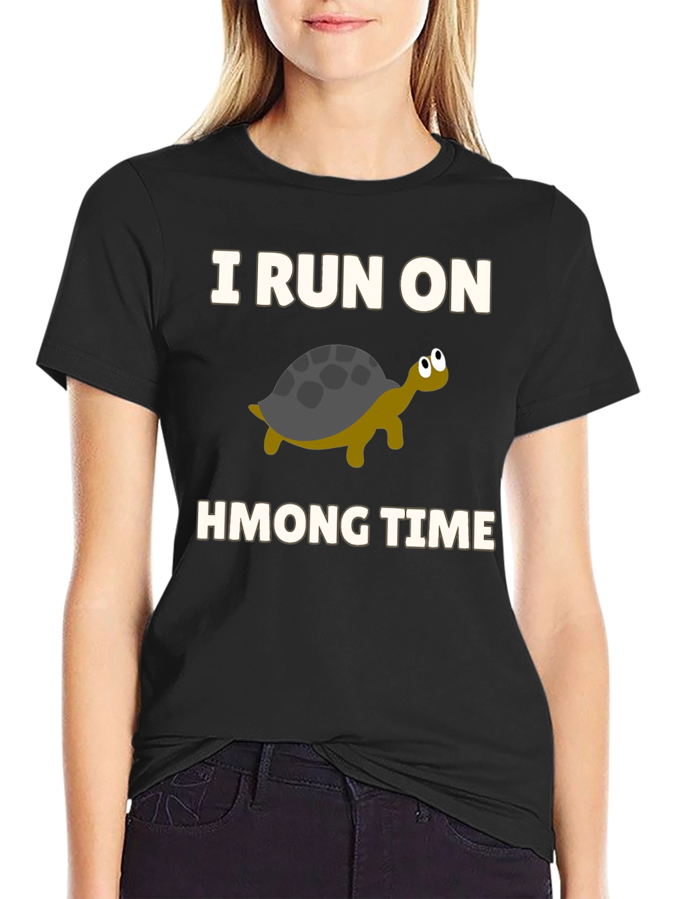 Black I Run on Hmong Time Turtle T-Shirt view 2
