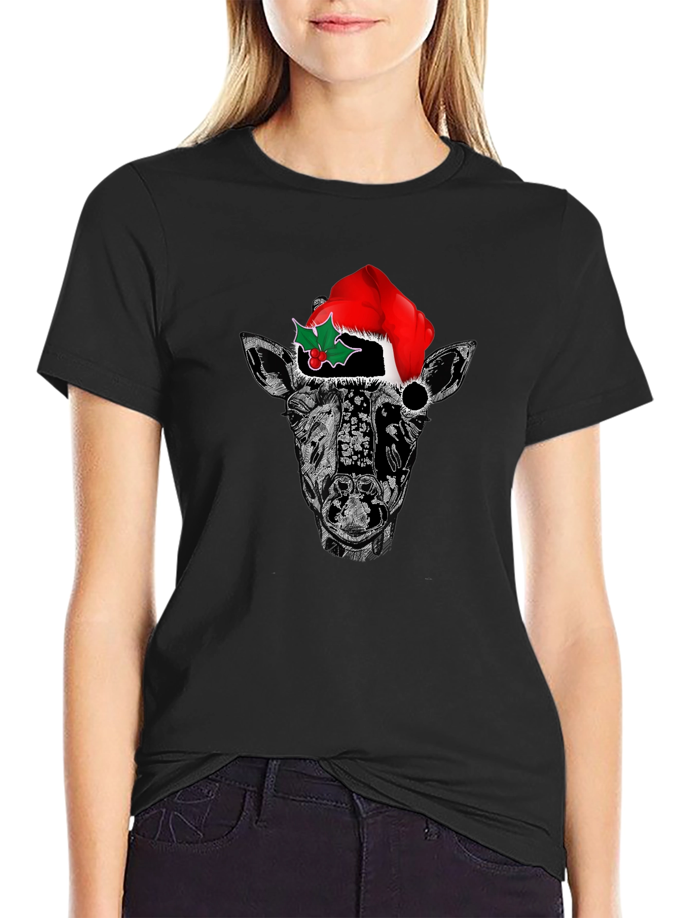 Black Giraffe Christmas T-Shirt - Holiday Festive Tee view 2
