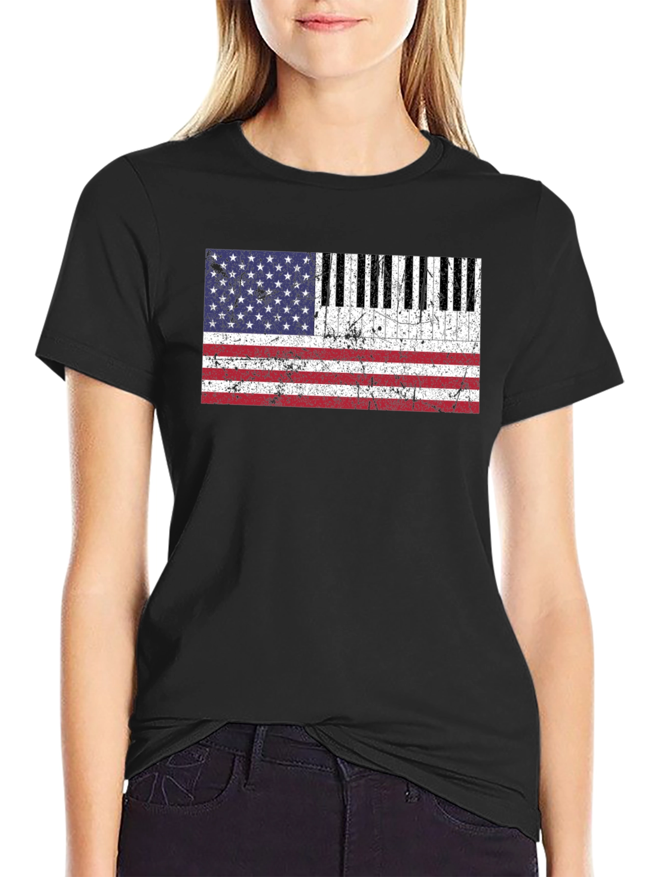 Black Piano Keys American Flag Graphic T-Shirt view 2