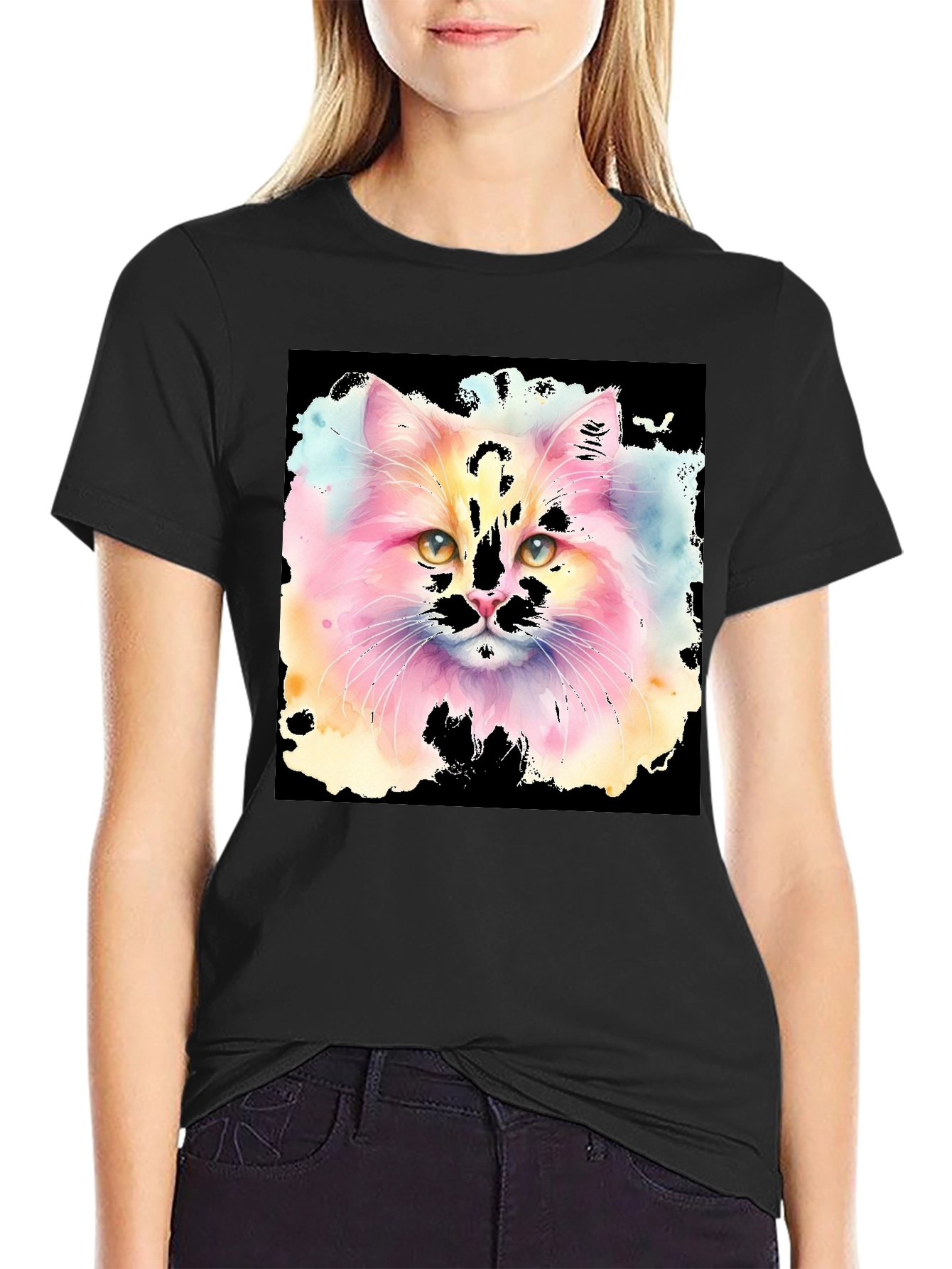 Black Watercolor Cat Graphic Tee - Black Cotton T-Shirt view 2