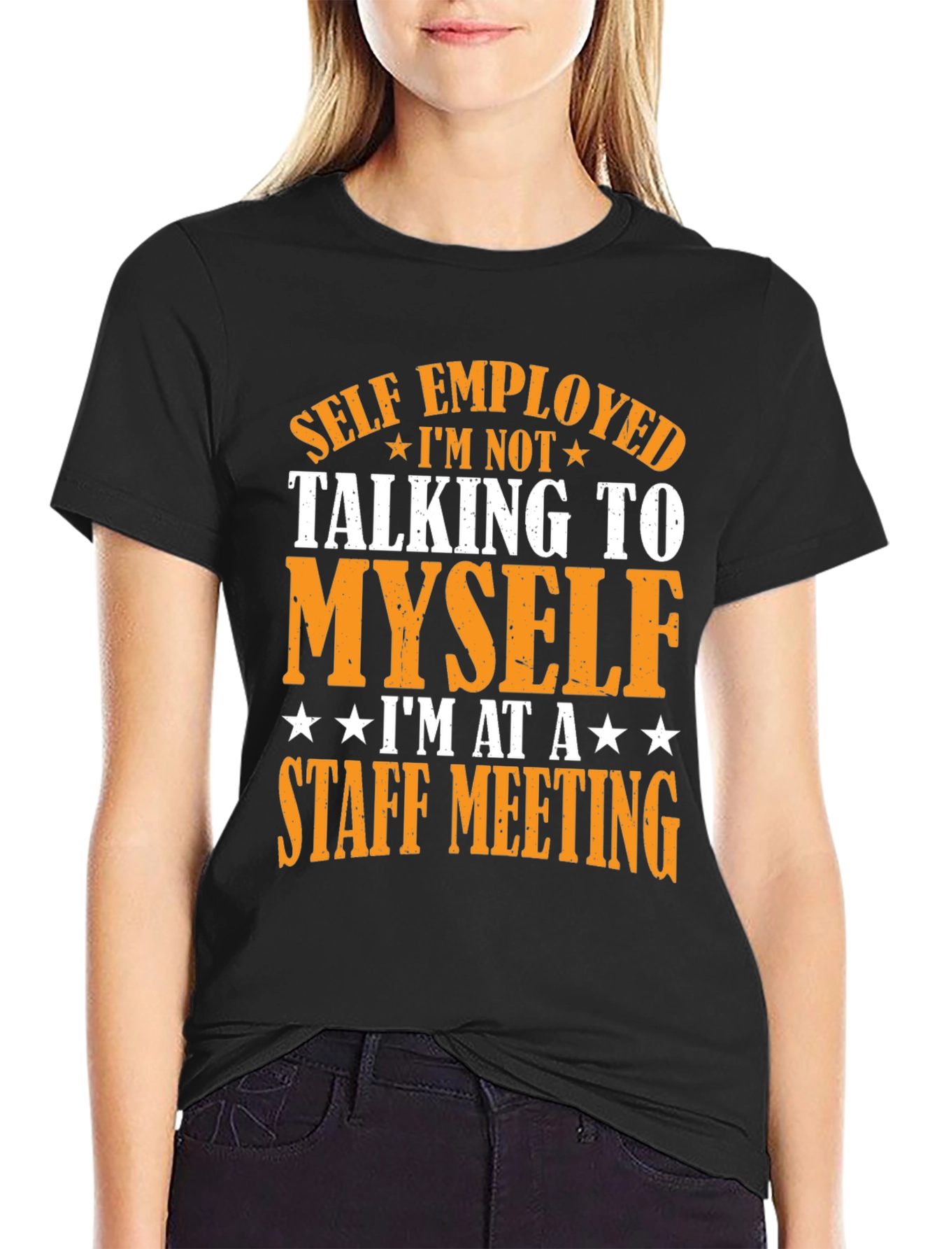 Black Self Employed Staff Meeting T-Shirt - Funny Novelty Tee view 2