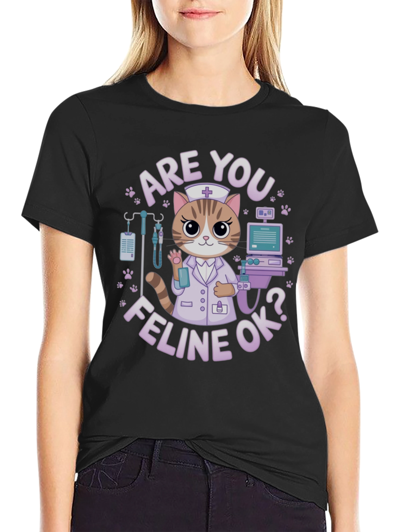 Black Are You Feline Ok? T-Shirt view 2