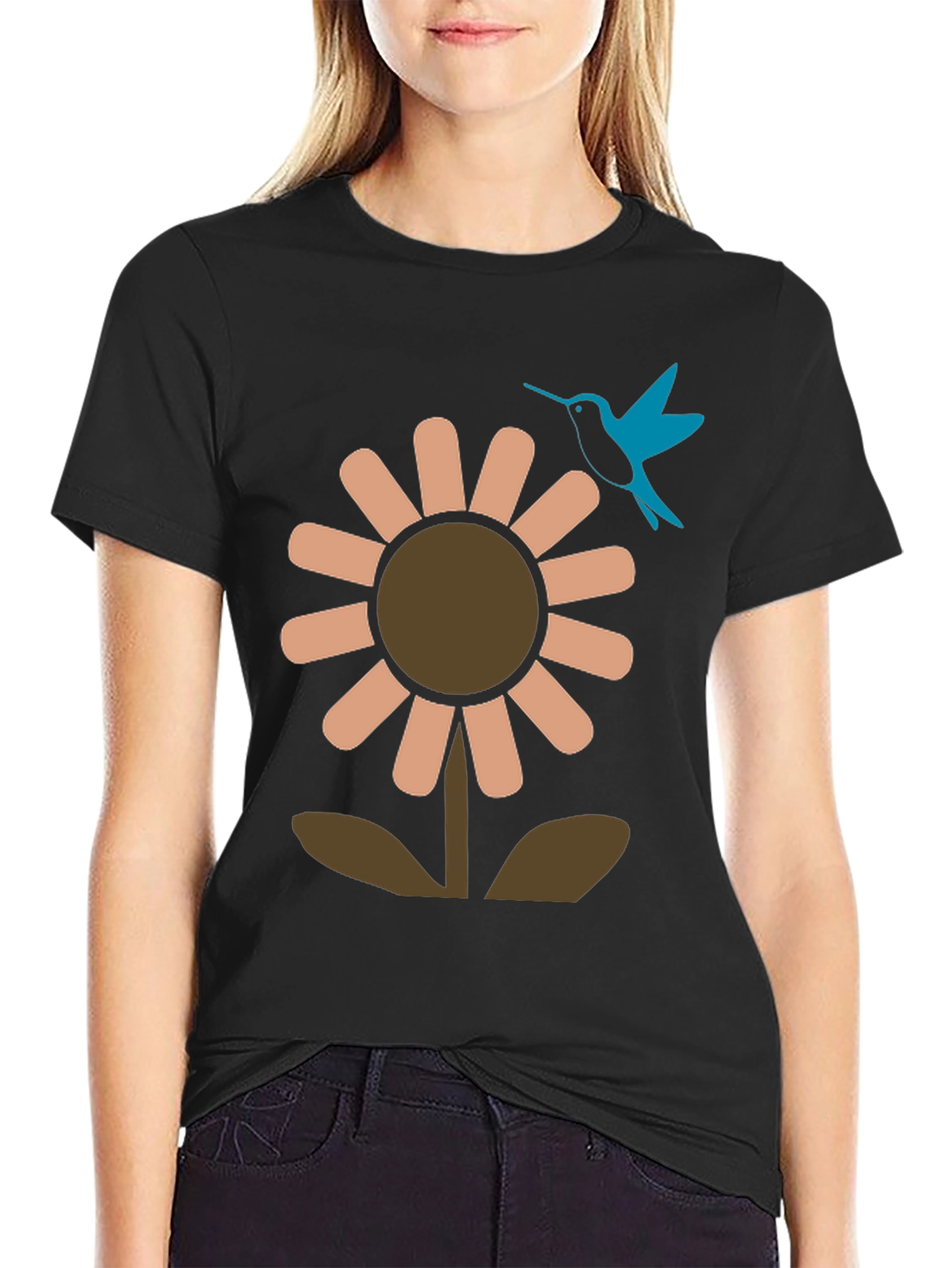 Black Black Graphic Tee: Flower & Hummingbird Design view 2