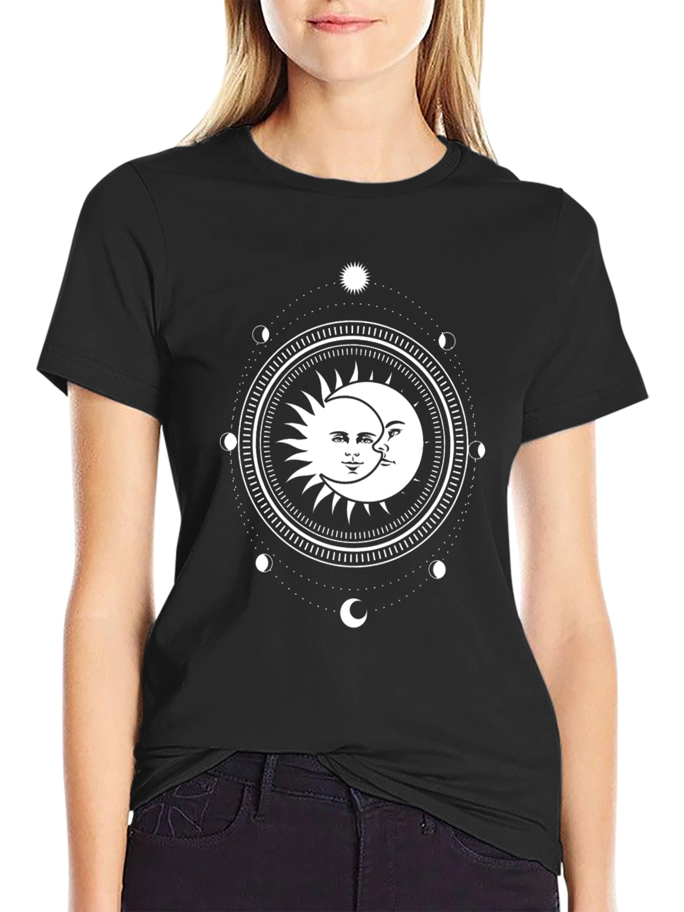 Black Celestial Sun & Moon Graphic Tee - Black Cotton Blend view 2