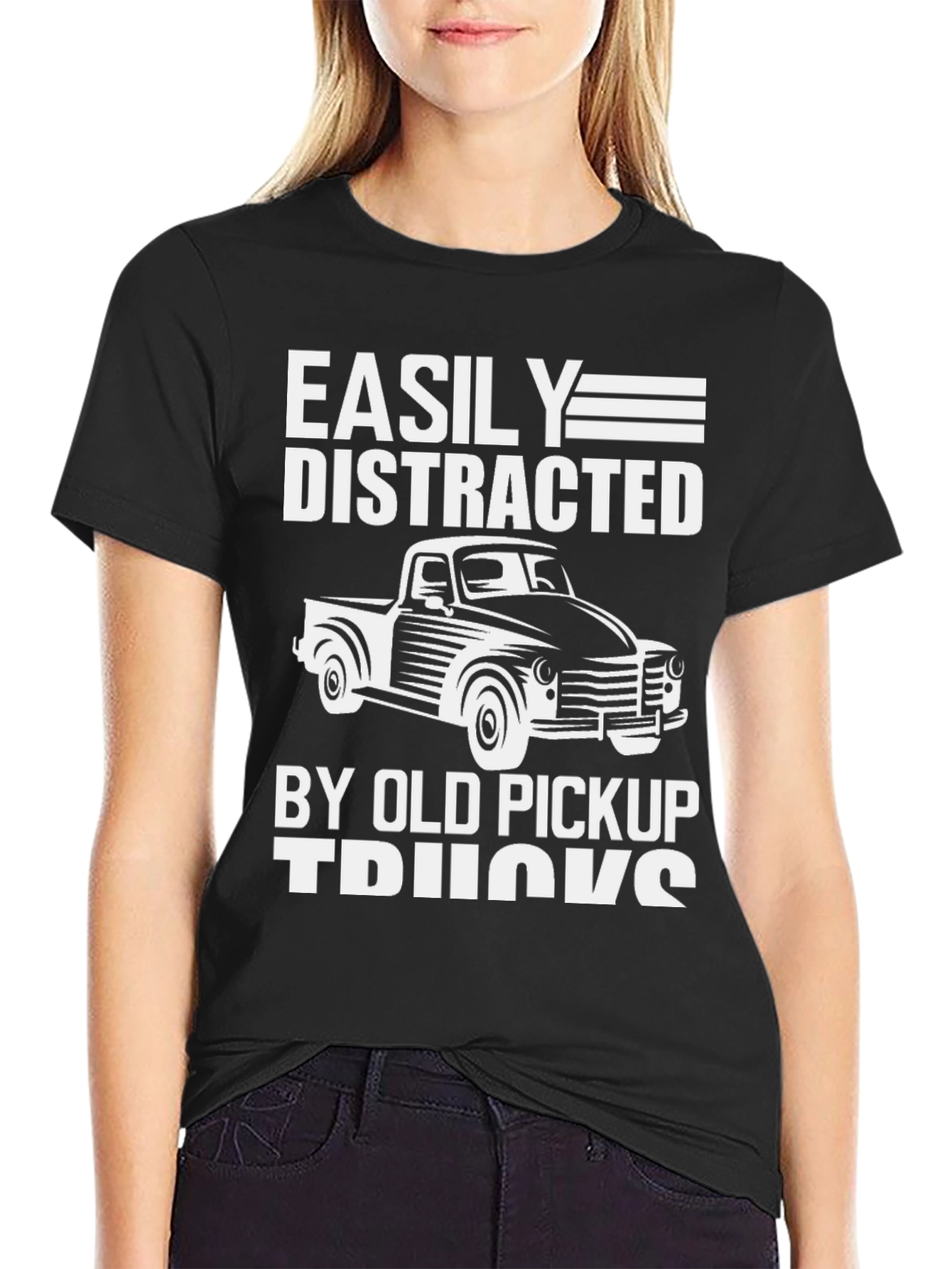 Black Easily Distracted Old Pickup Trucks T-Shirt view 2