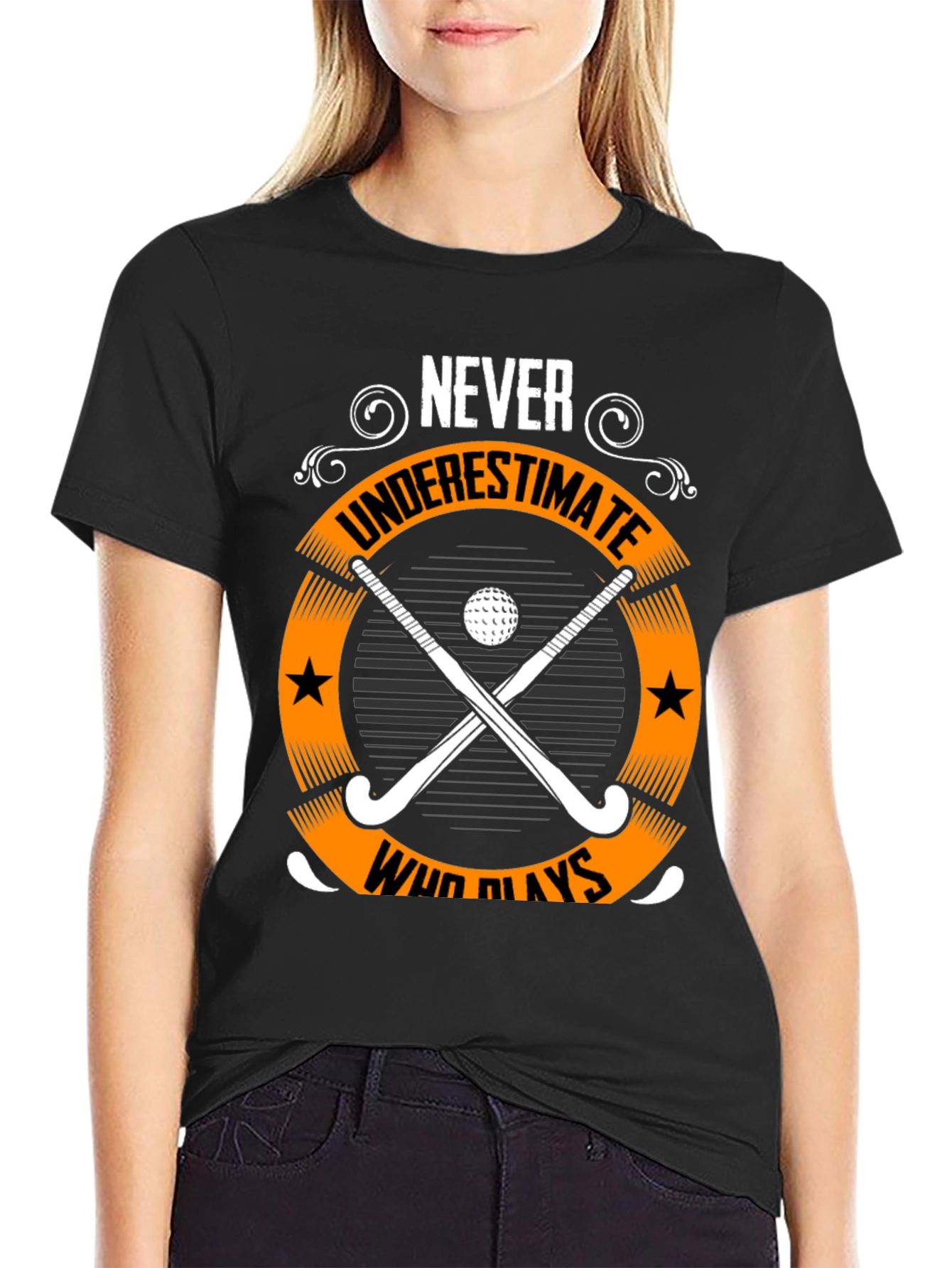 Black Never Underestimate Who Plays Hockey Graphic Tee view 2