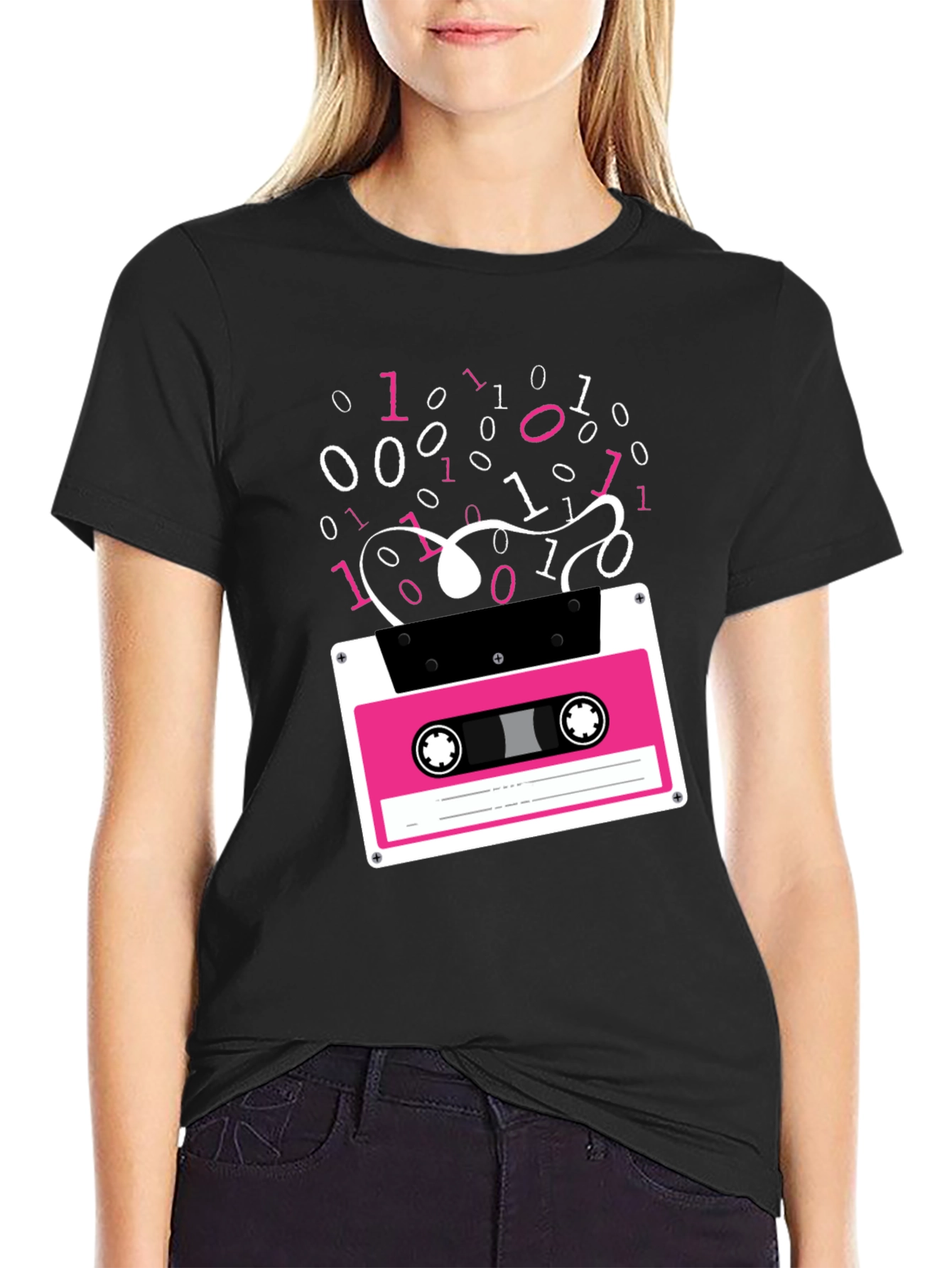 Black Retro Cassette Tape Binary Code Graphic Tee view 2