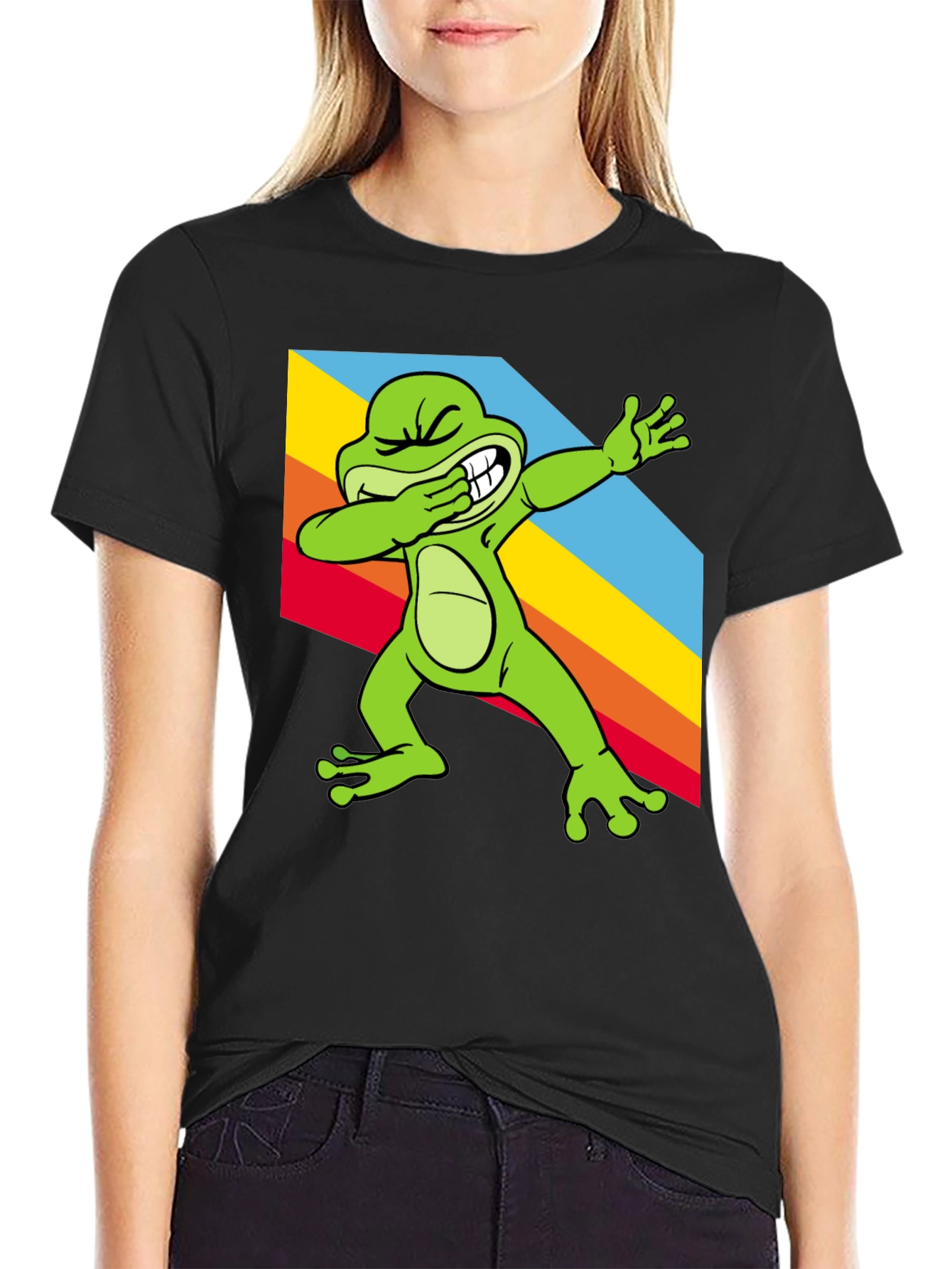 Black Dabbing Frog Tee - Rainbow Dab Cool Graphic T-Shirt view 2