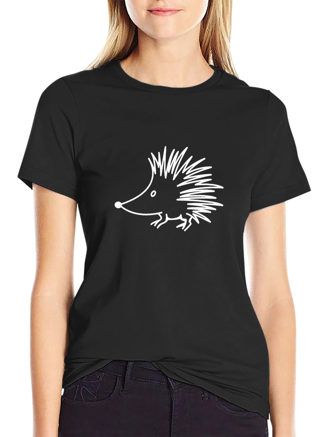 Black Cute Hedgehog Graphic Tee - Black Cotton Comfort view 2
