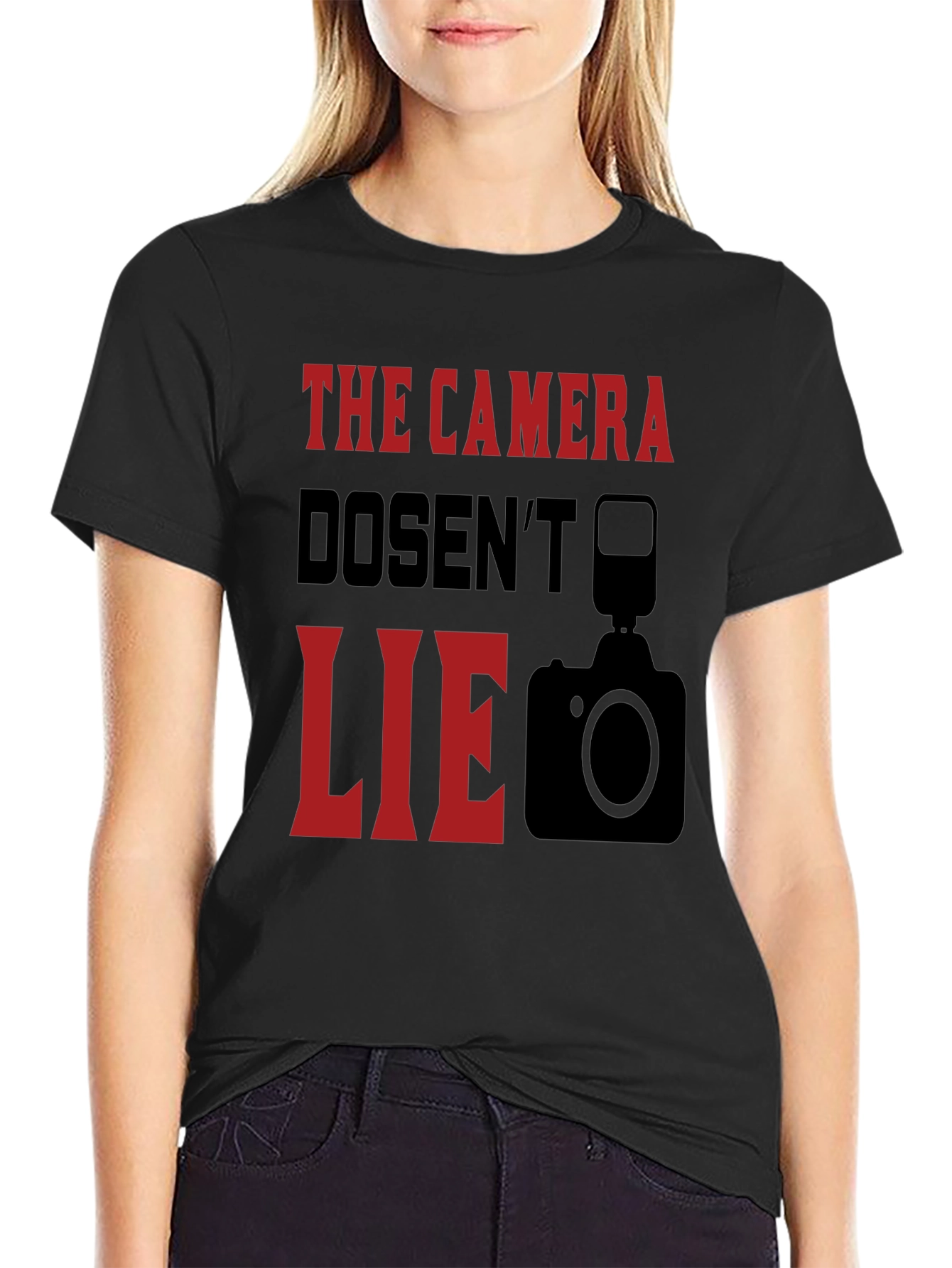 Black The Camera Doesn't Lie Graphic T-Shirt view 2