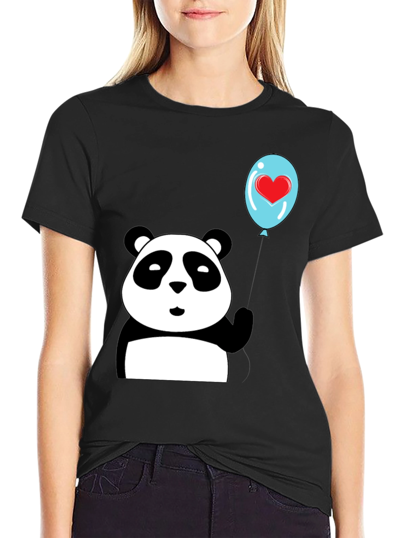 Black Cute Panda with Heart Balloon Graphic Tee view 2