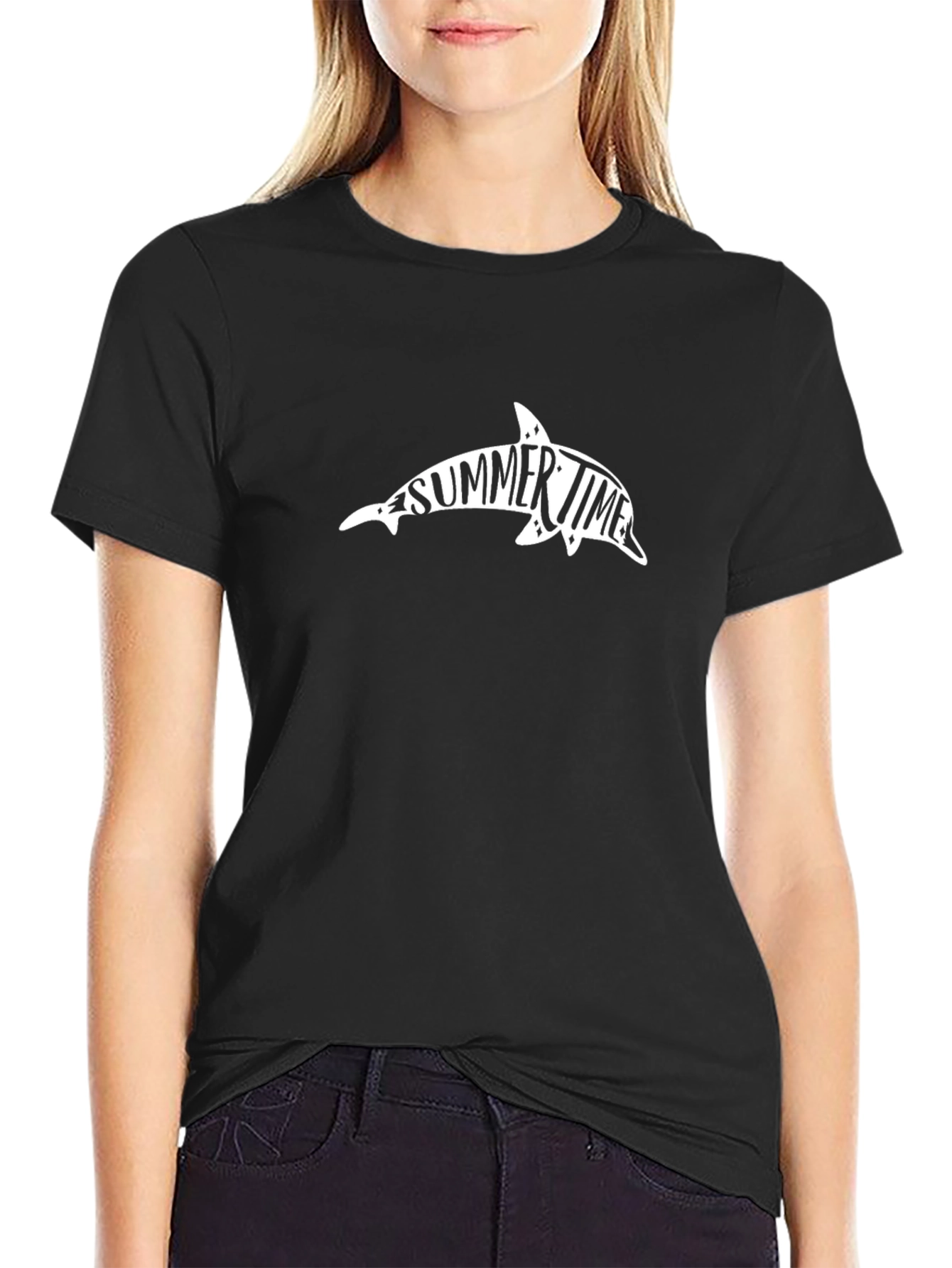 Black Summer Time Dolphin Graphic T-Shirt - Black view 2
