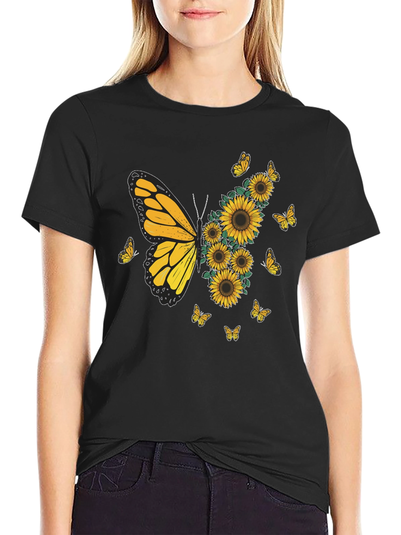 Black Butterfly Sunflower Graphic Tee - Black view 2