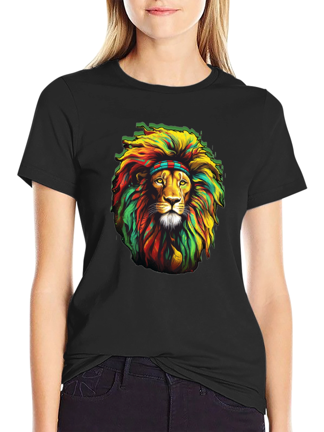 Black Rasta Lion Graphic T-Shirt - Black view 2