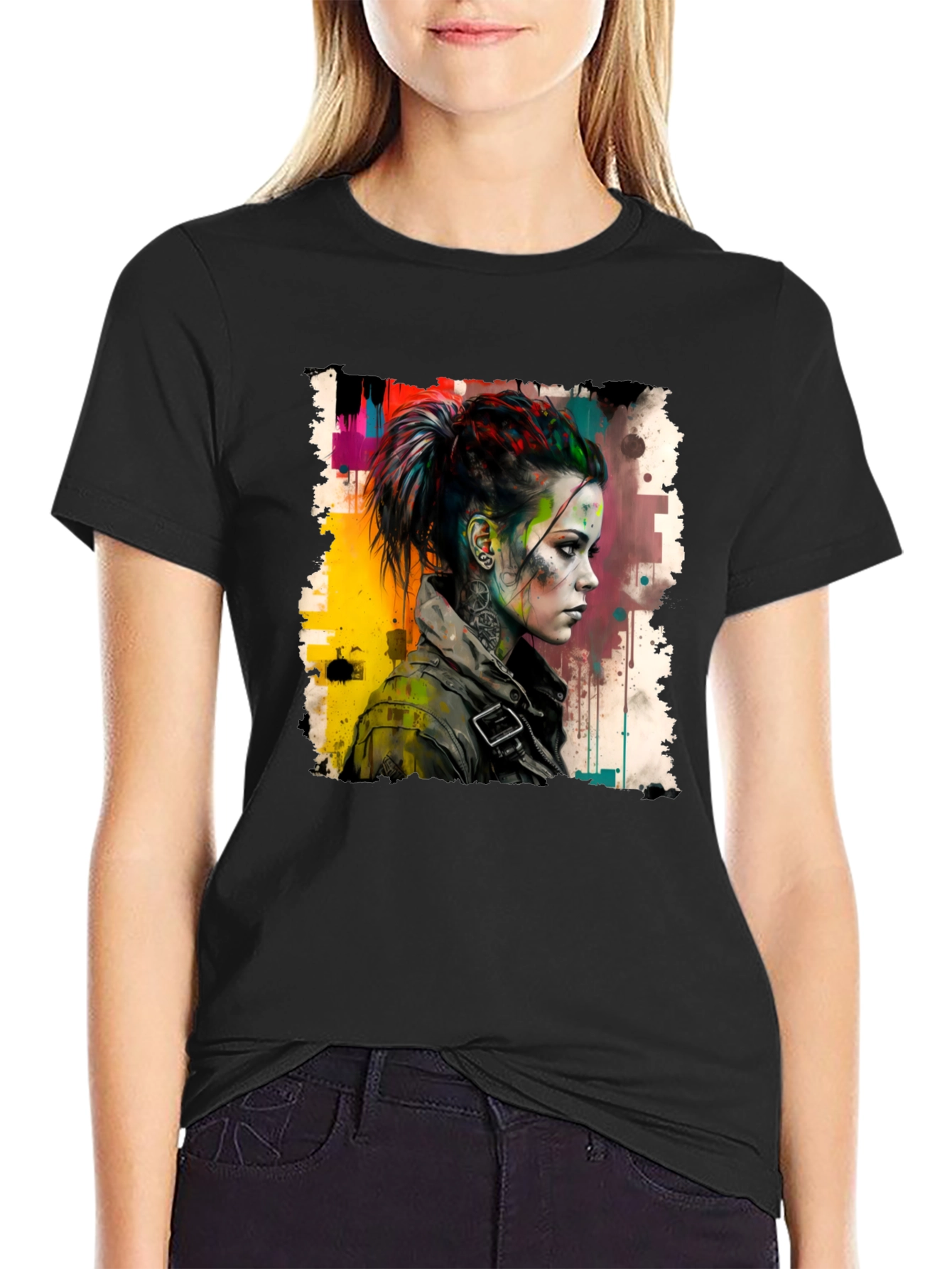 Black Edgy Watercolor Woman Graphic Tee view 2