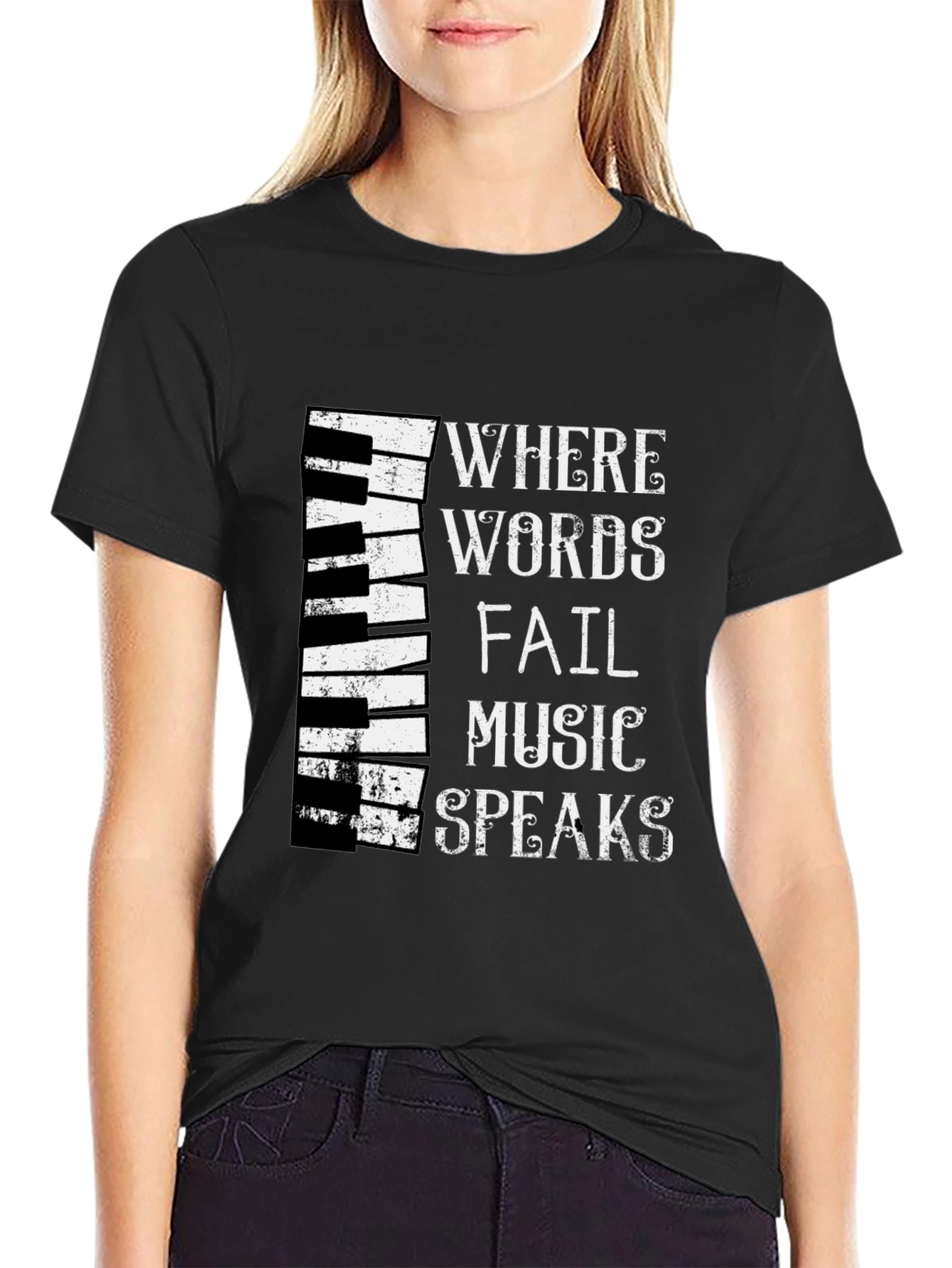 Black Music Speaks T-Shirt - Piano Keyboard Design view 2