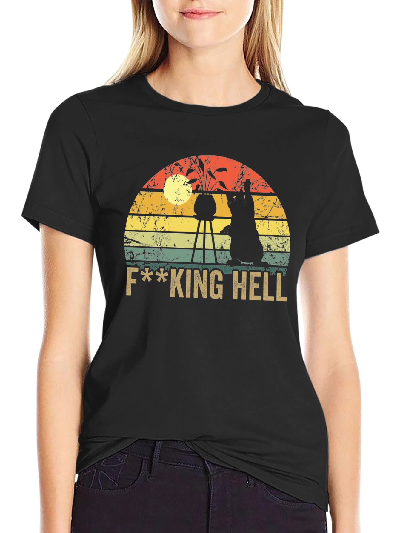 Black F***ing Hell Cat Graphic T-Shirt view 2