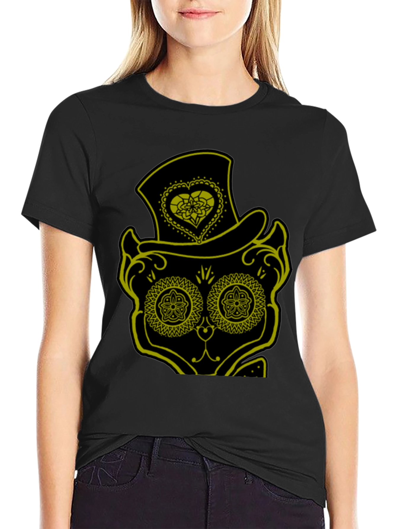 Black Sugar Skull Cat Tee - Men's Black T-Shirt view 2