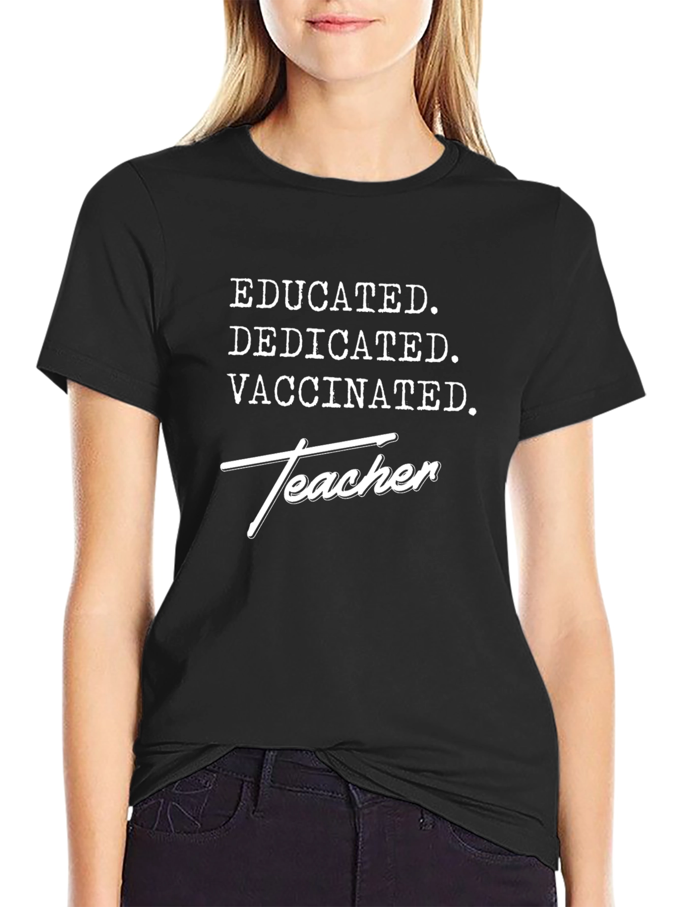 Black Educated Dedicated Vaccinated Teacher T-Shirt view 2