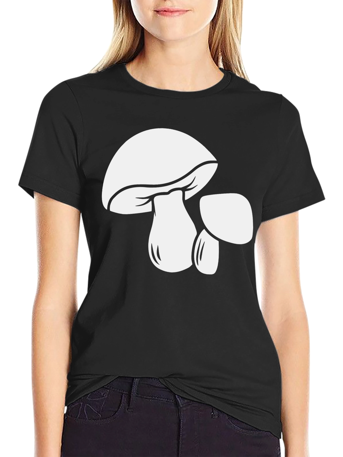 Black Mushroom Graphic Tee - Bold Black Cotton T-Shirt view 2