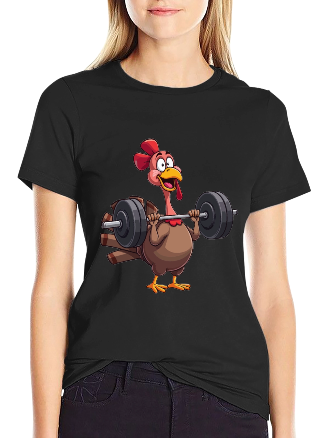 Black Funny Turkey Lifting Weights Black T-Shirt view 2