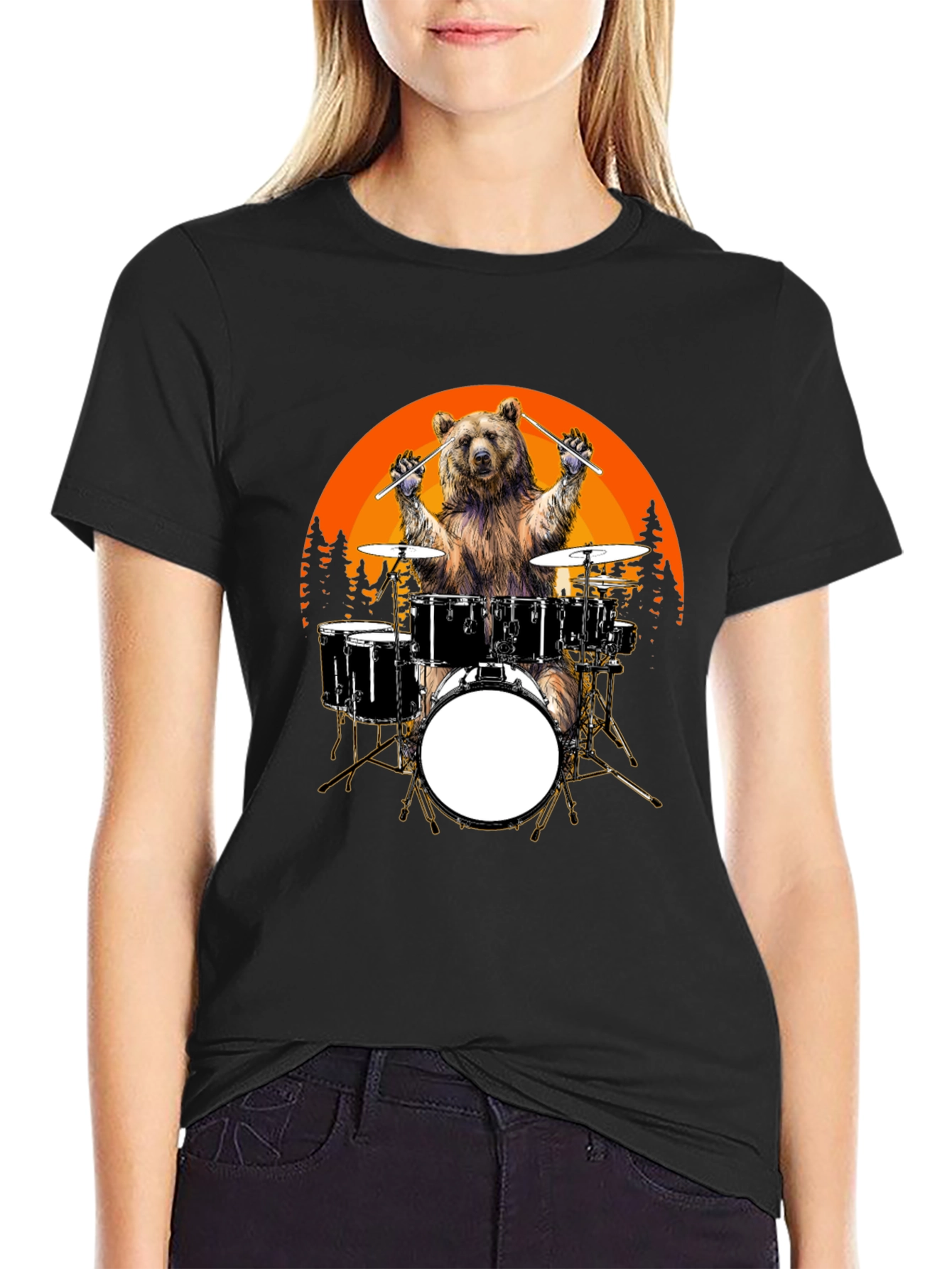 Black Bear Drummer T-Shirt - Sunset Design, Unique Graphic Tee view 2