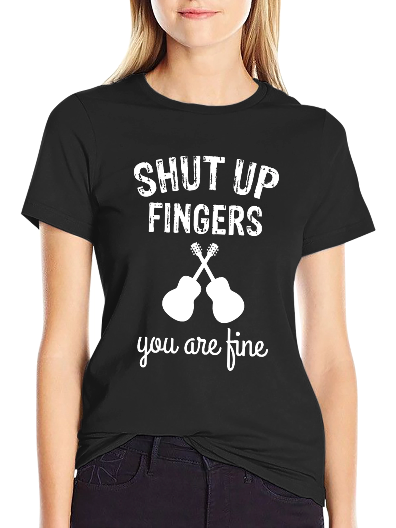 Black Shut Up Fingers T-Shirt - Guitar Player Tee view 2