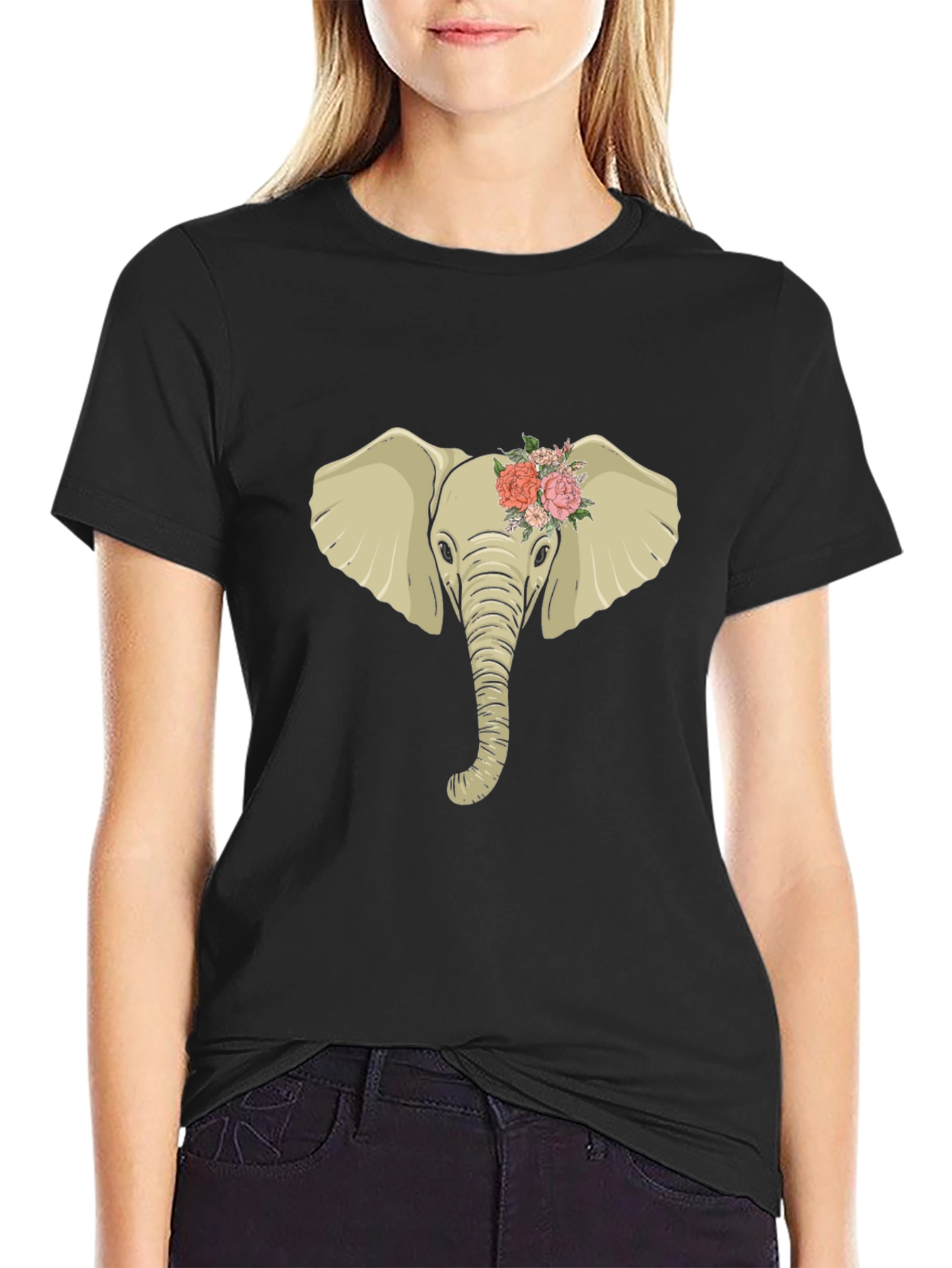 Black Elephant with Flowers Graphic Tee view 2
