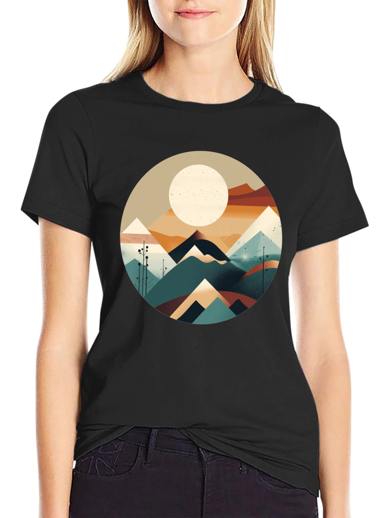 Black Geometric Mountain & Moon Graphic Tee - Black view 2