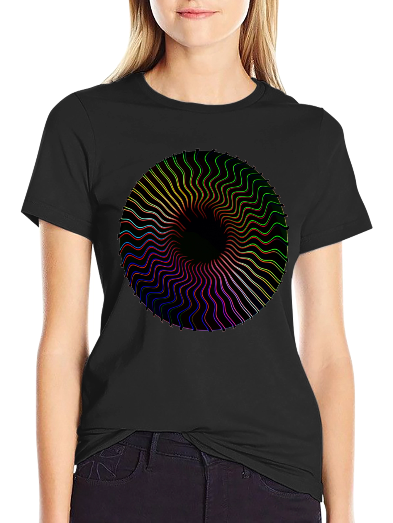 Black Vortex Tee: Black Shirt with Psychedelic Circle Design view 2