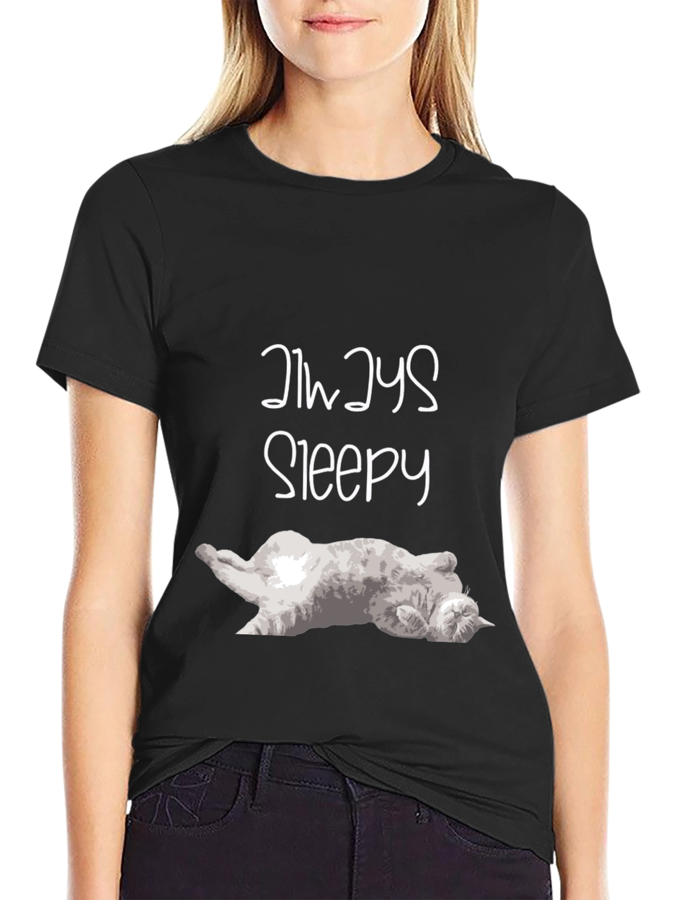 Black Always Sleepy Cat T-Shirt - Men's Black Tee view 2