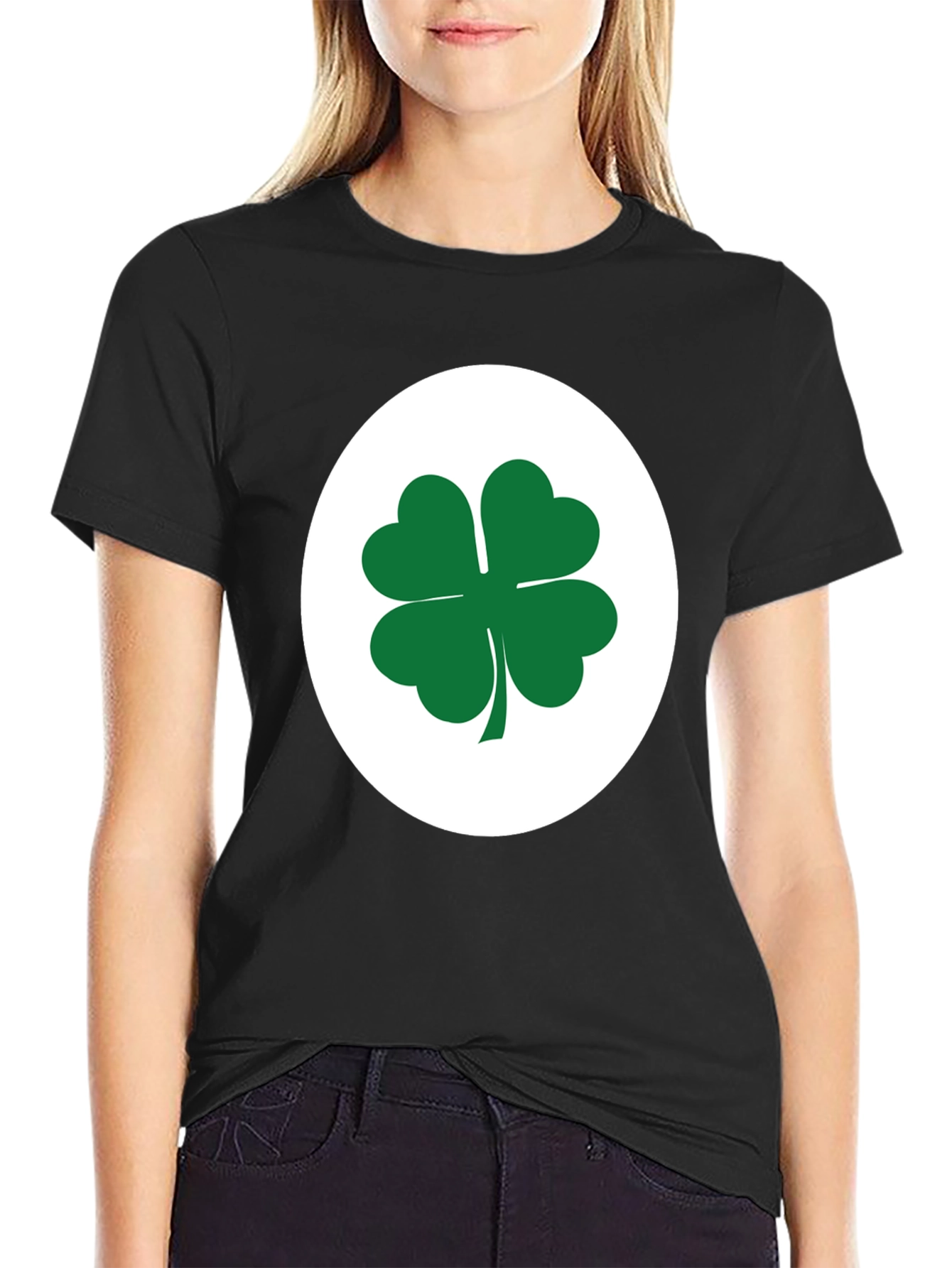 Black Lucky Shamrock Tee - Black Cotton Blend T-Shirt view 2
