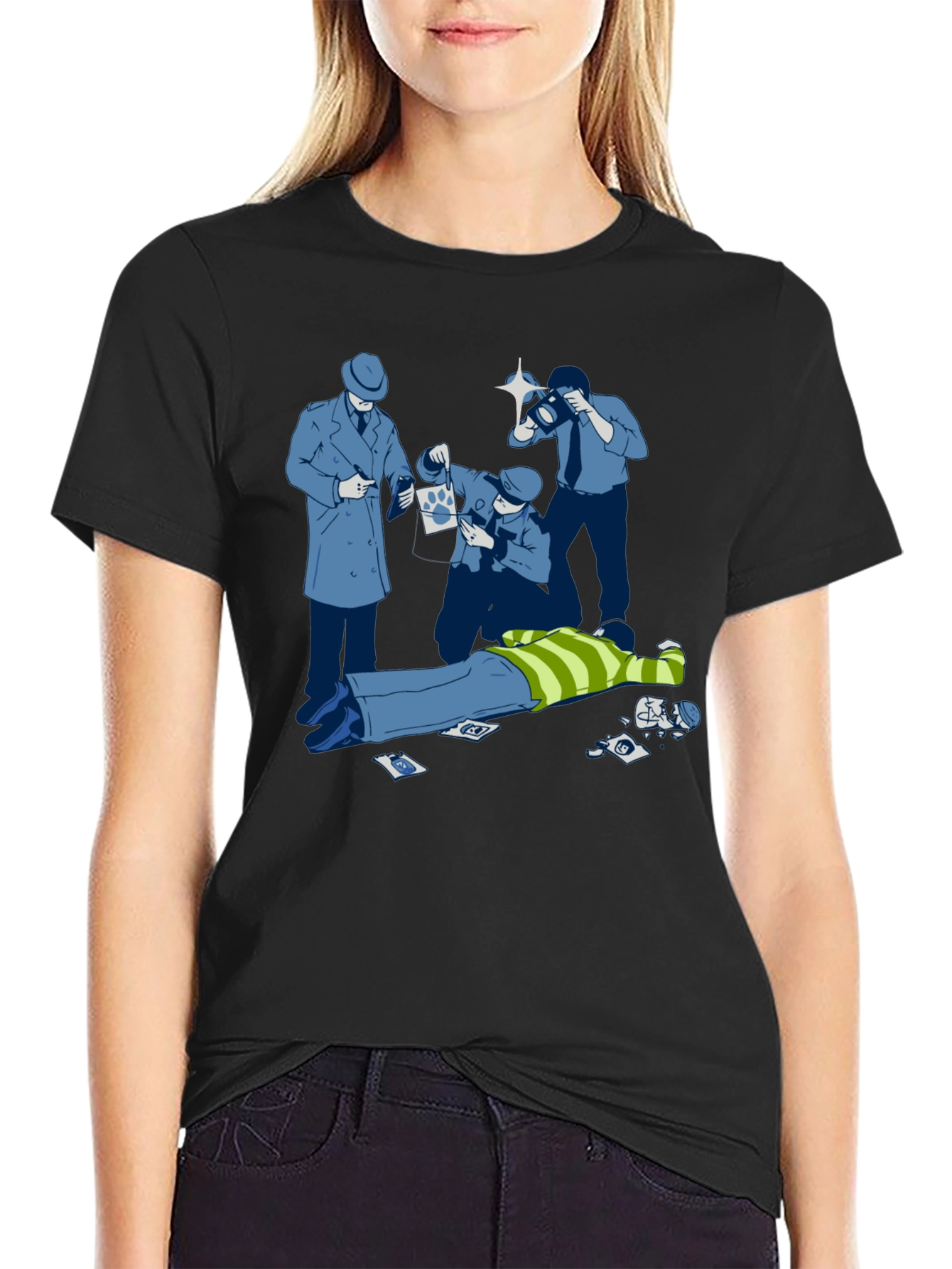 Black Cartoon Crime Scene Black T-Shirt view 2