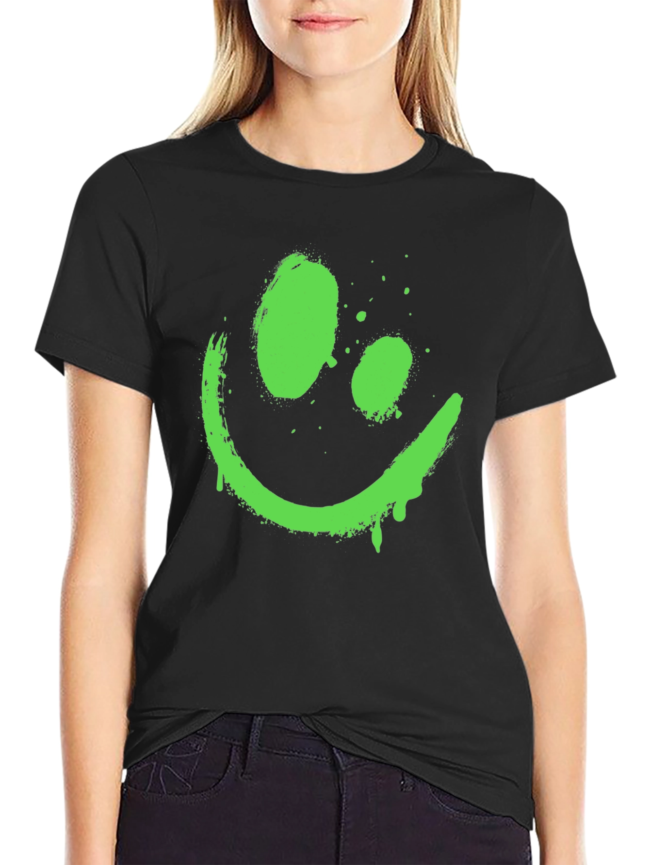 Black Neon Green Smiley Face Graphic Black T-Shirt view 2