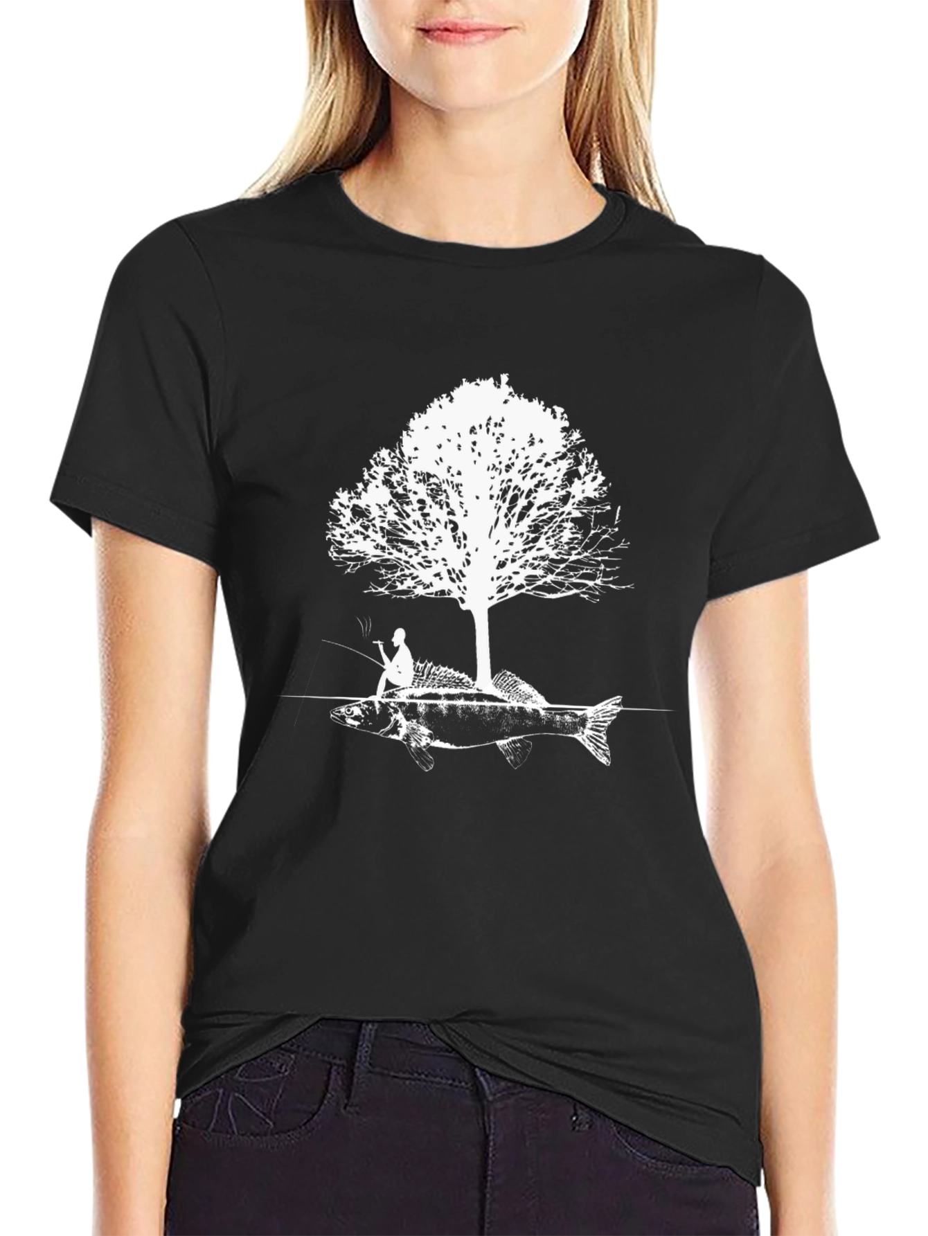 Black Fishing Tee: Fisherman Tree Fish Graphic T-Shirt view 2