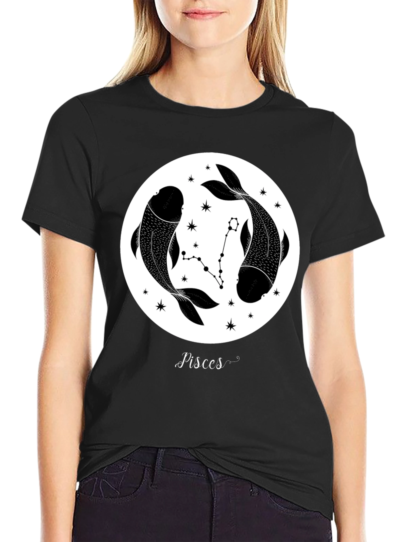 Black Pisces Zodiac Black Graphic Tee view 2
